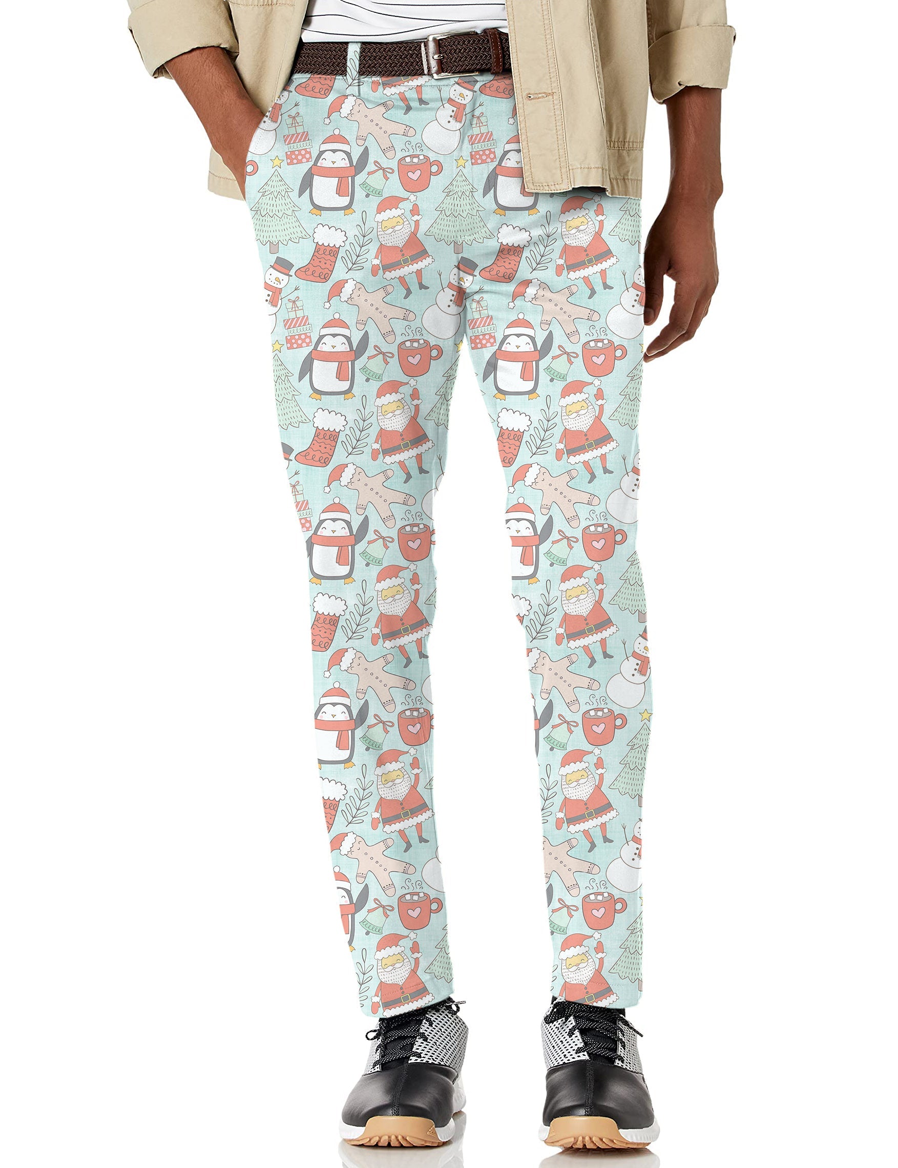 Men's Penguin Christmas Stretch Golf pants trousers with festive holiday print and moisture-wicking fabric