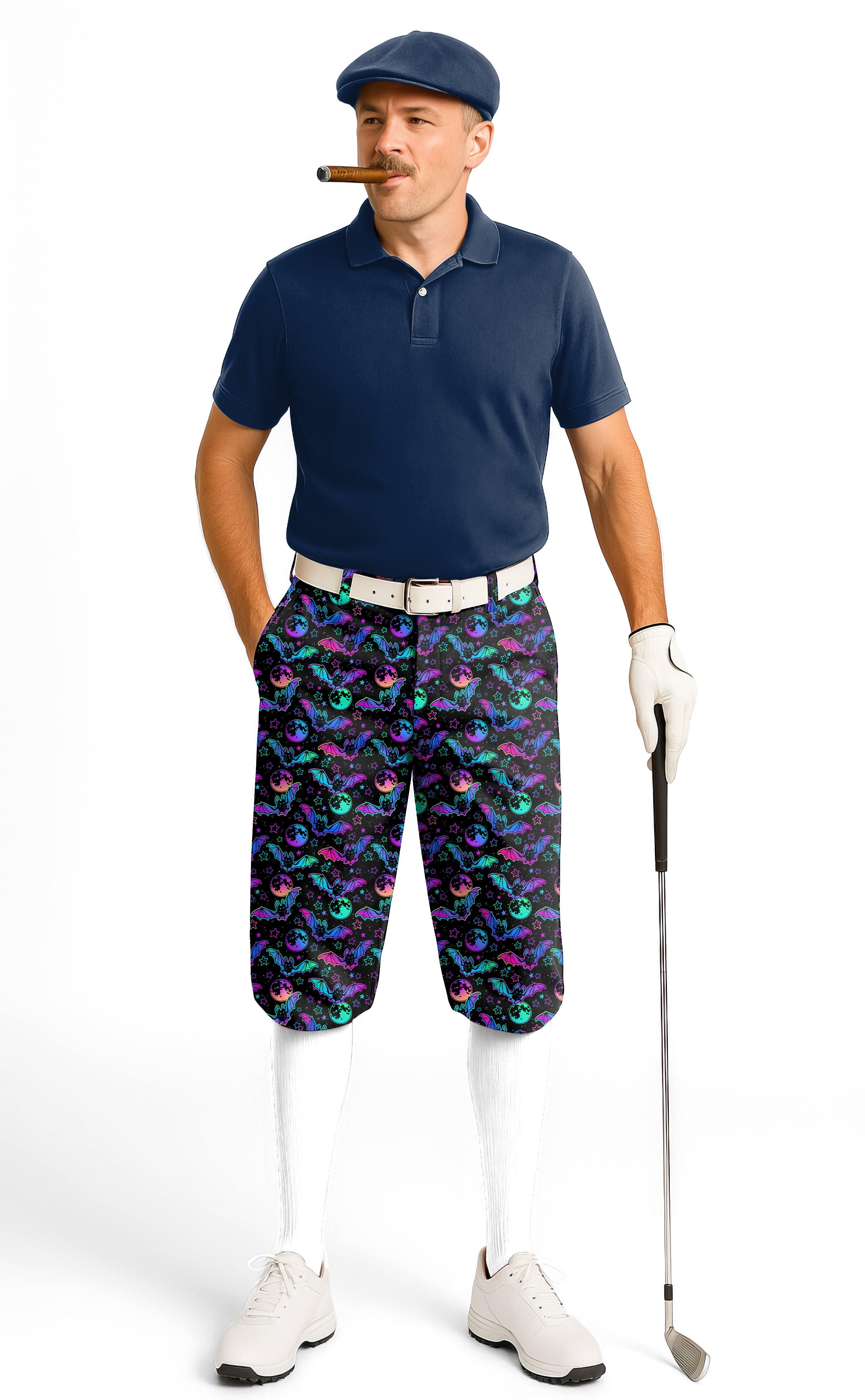 Men's Halloween Bat Moon golf knickers with snug ankle cuffs and vibrant bat moon pattern