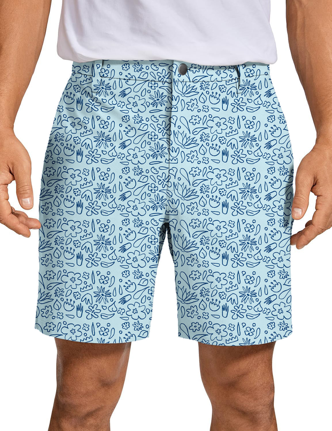 Men's blue floral patterned golf shorts made from lightweight, quick-dry polyester fabric