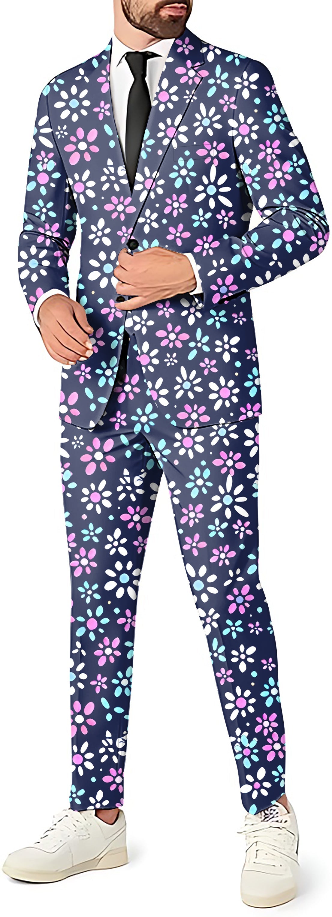 Daisy Daze Men's floral print party suit with blazer, pants, and vest in slim fit style