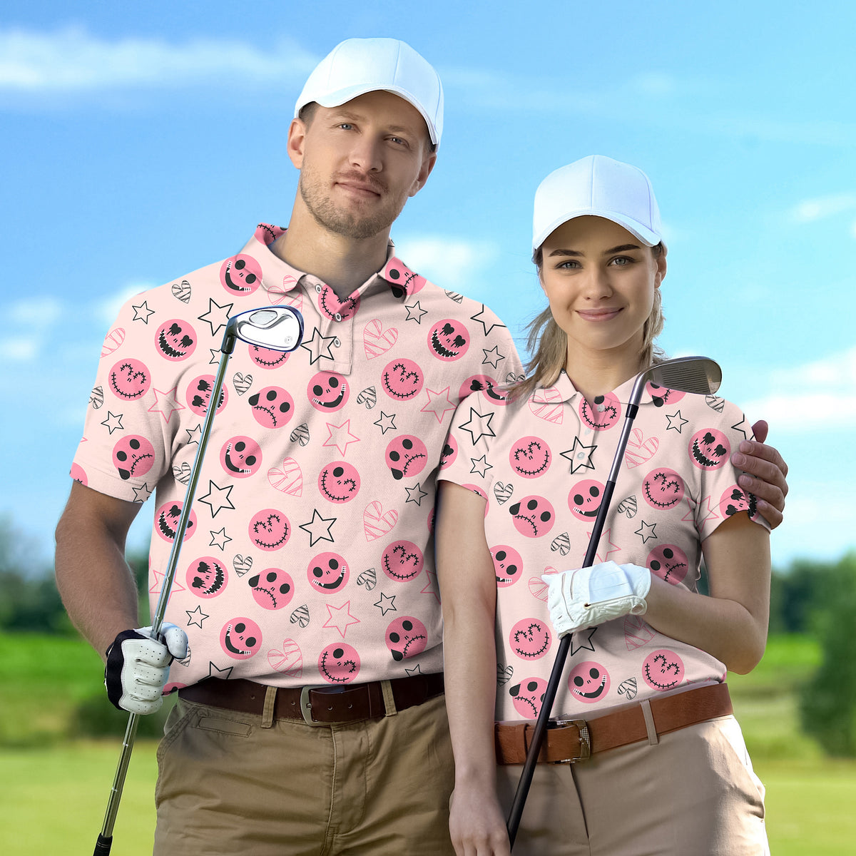 Couple Halloween pink smiley face set Golf Championship Trophy tournament