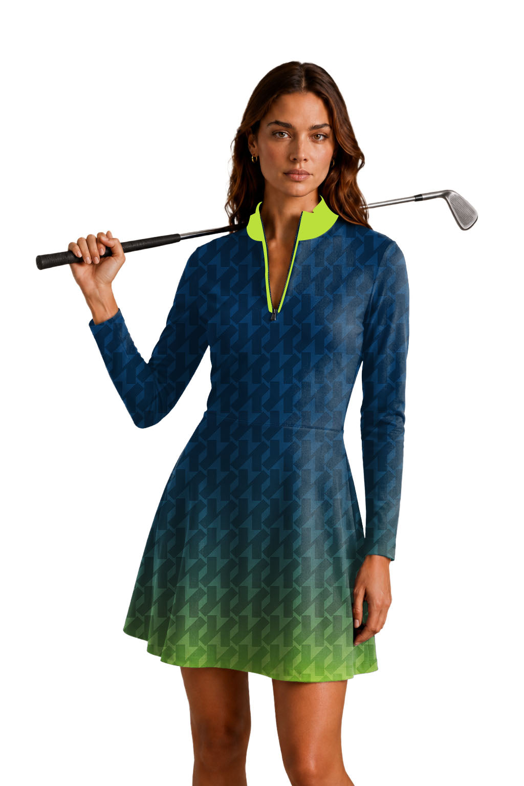 Green Gradient Custom Sport Team Competition Uniforms Women's Golf Long Sleeve Zipper Dresses Comes with separate matching shorts
