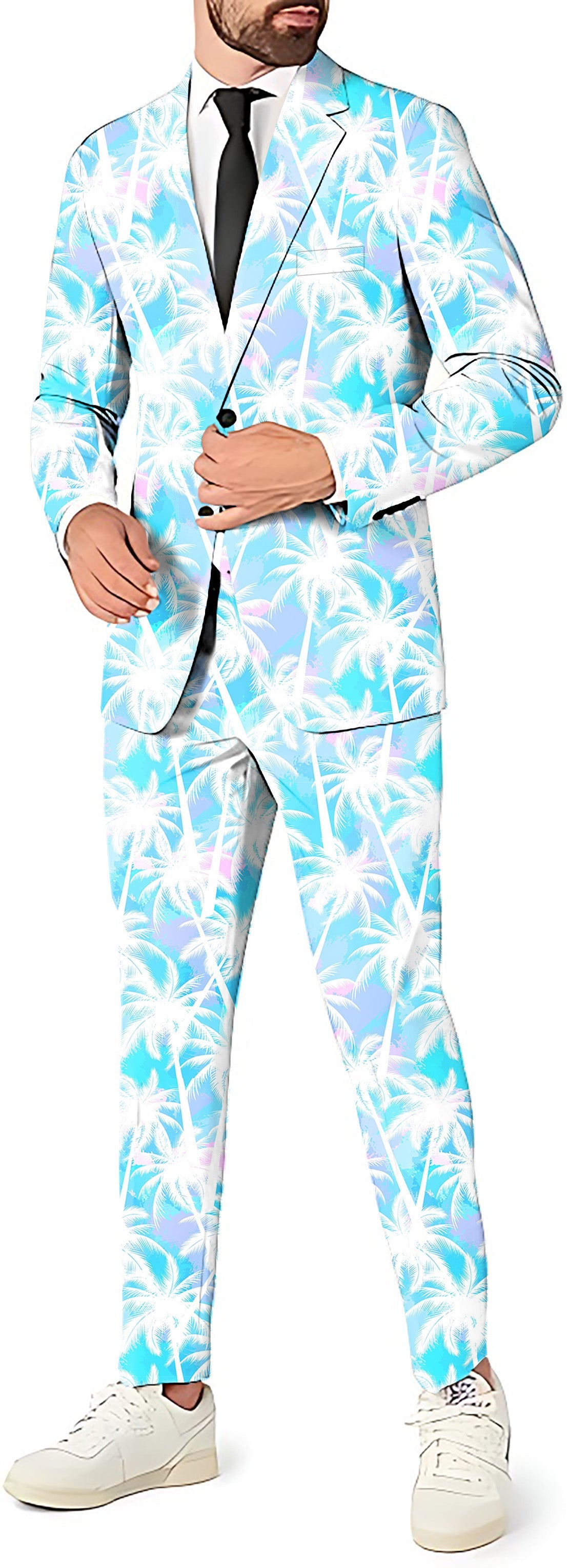 Men's jungle palm tree print party suit with blazer, pants, and vest
