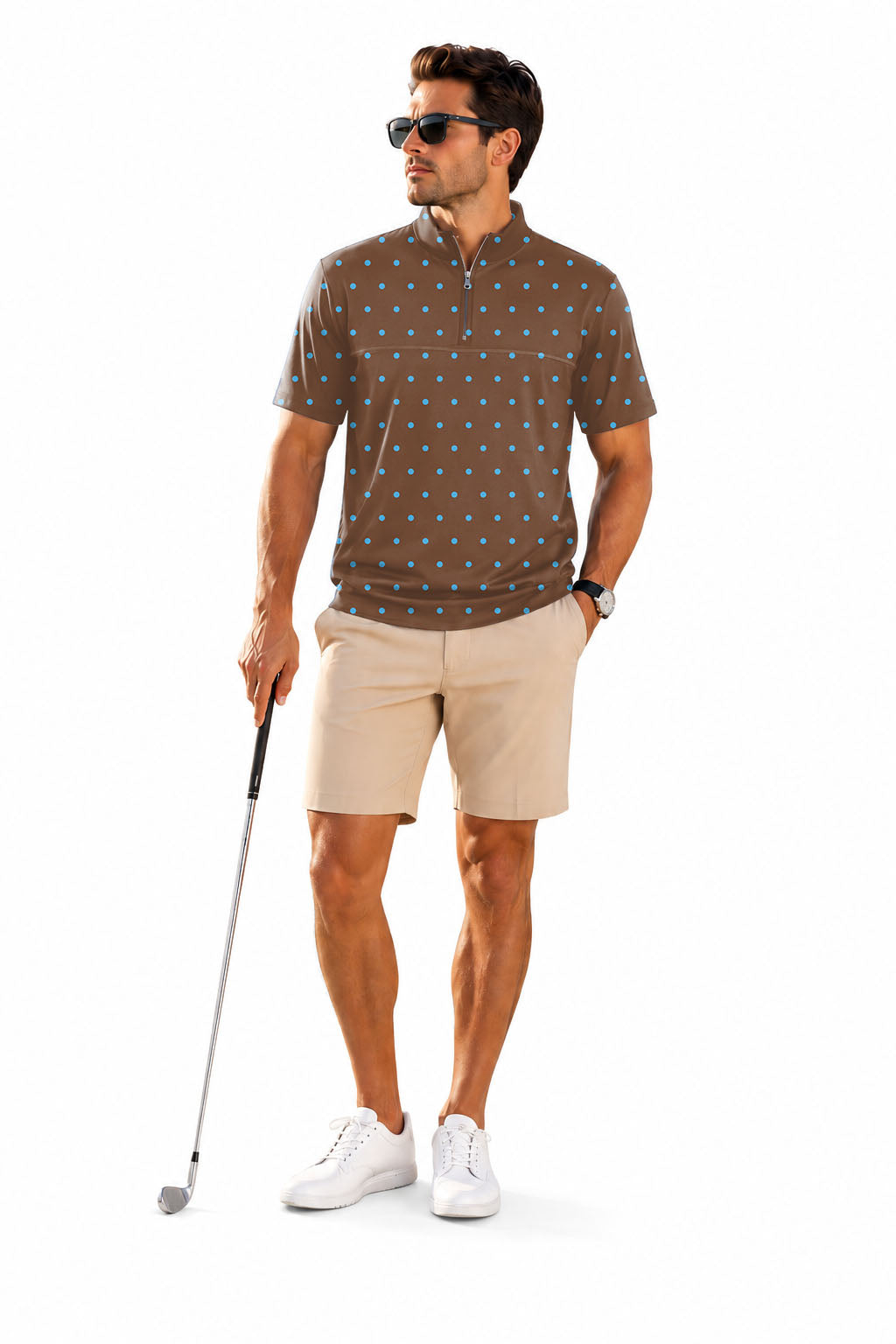 Men's Short Sleeve Quarter Zip Golf Pullover Brown Polka Dots Embroidery