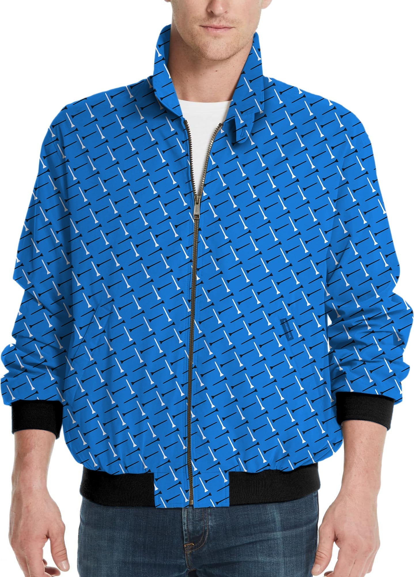 Men's golf windbreaker jacket with custom blue background color and white golf tee pattern