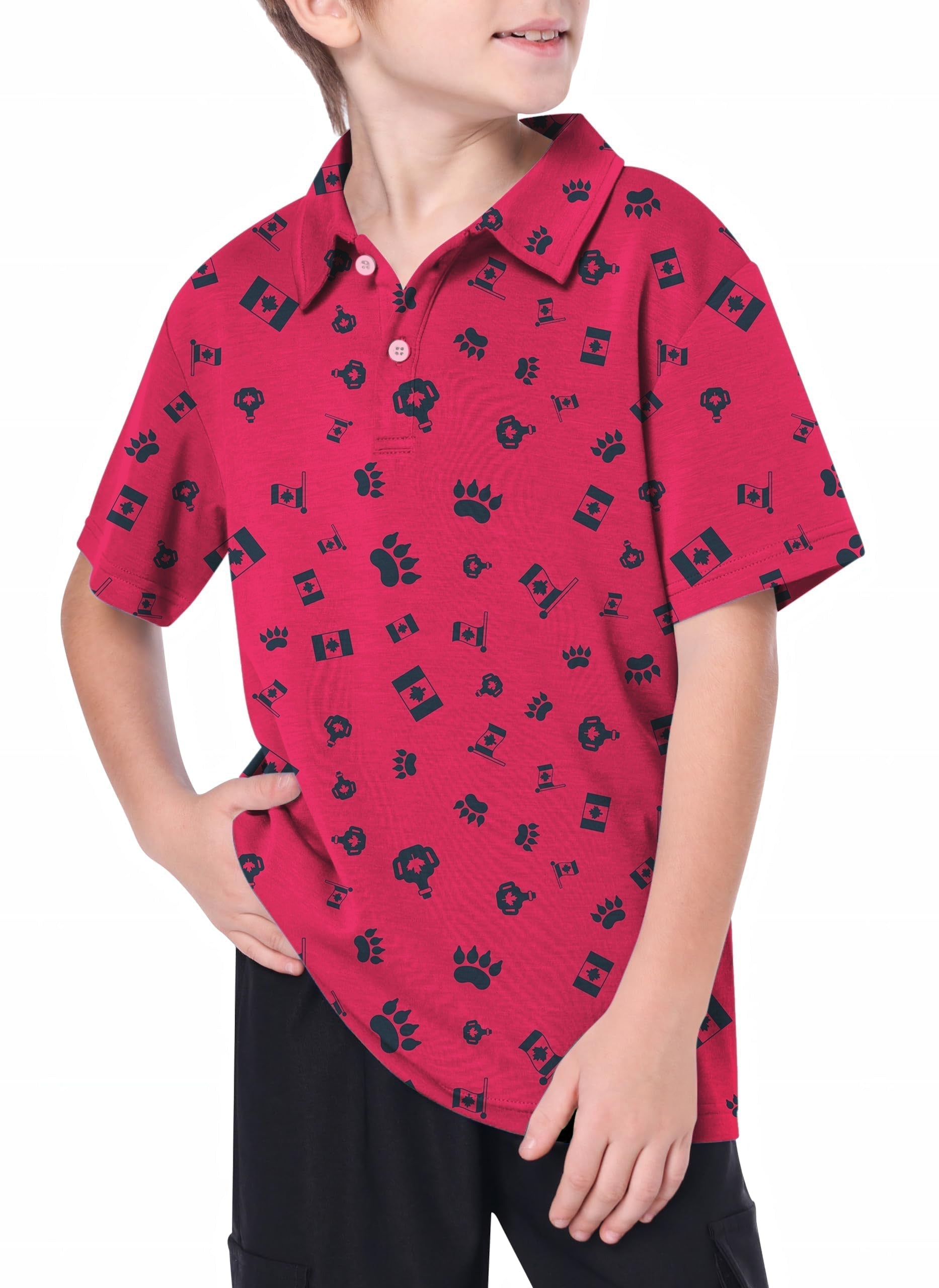 Youth Canadian Flag paw print patterned red golf polo shirt for kids