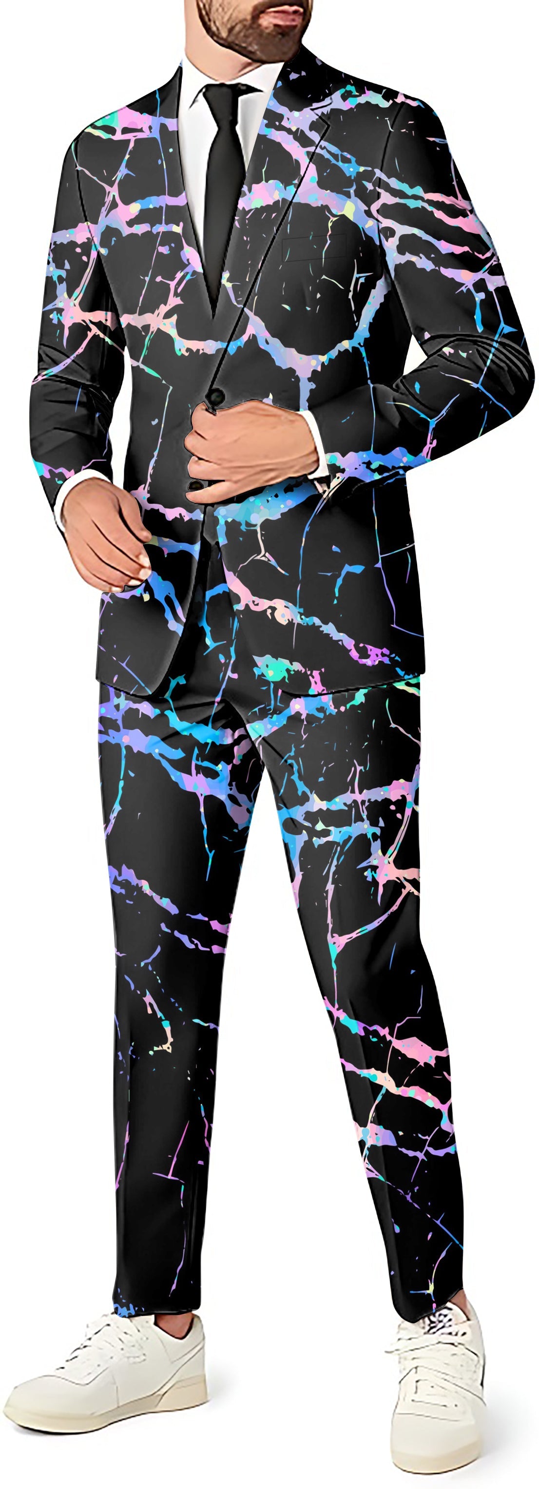 Rainbow Lightning Men's party suit with blazer, pants, and vest in colorful lightning pattern