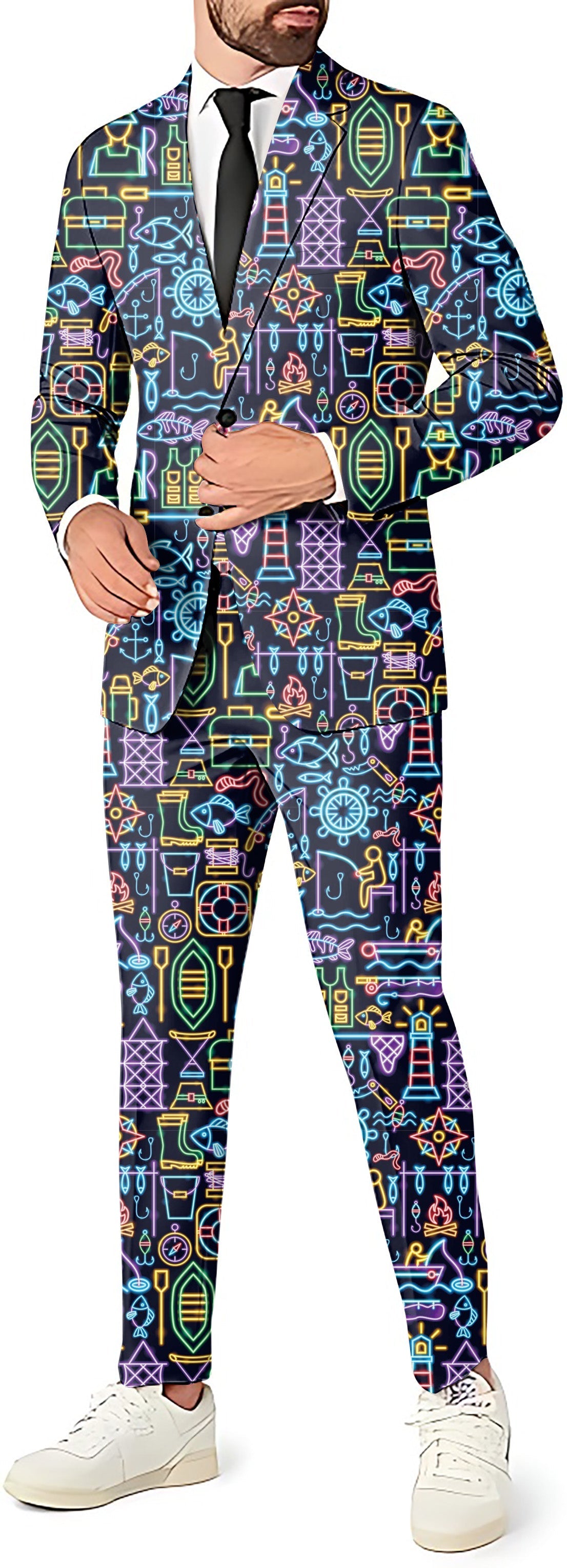 Neon Fisherman men's party costume suit with blazer, pants, and vest in neon fishing theme pattern