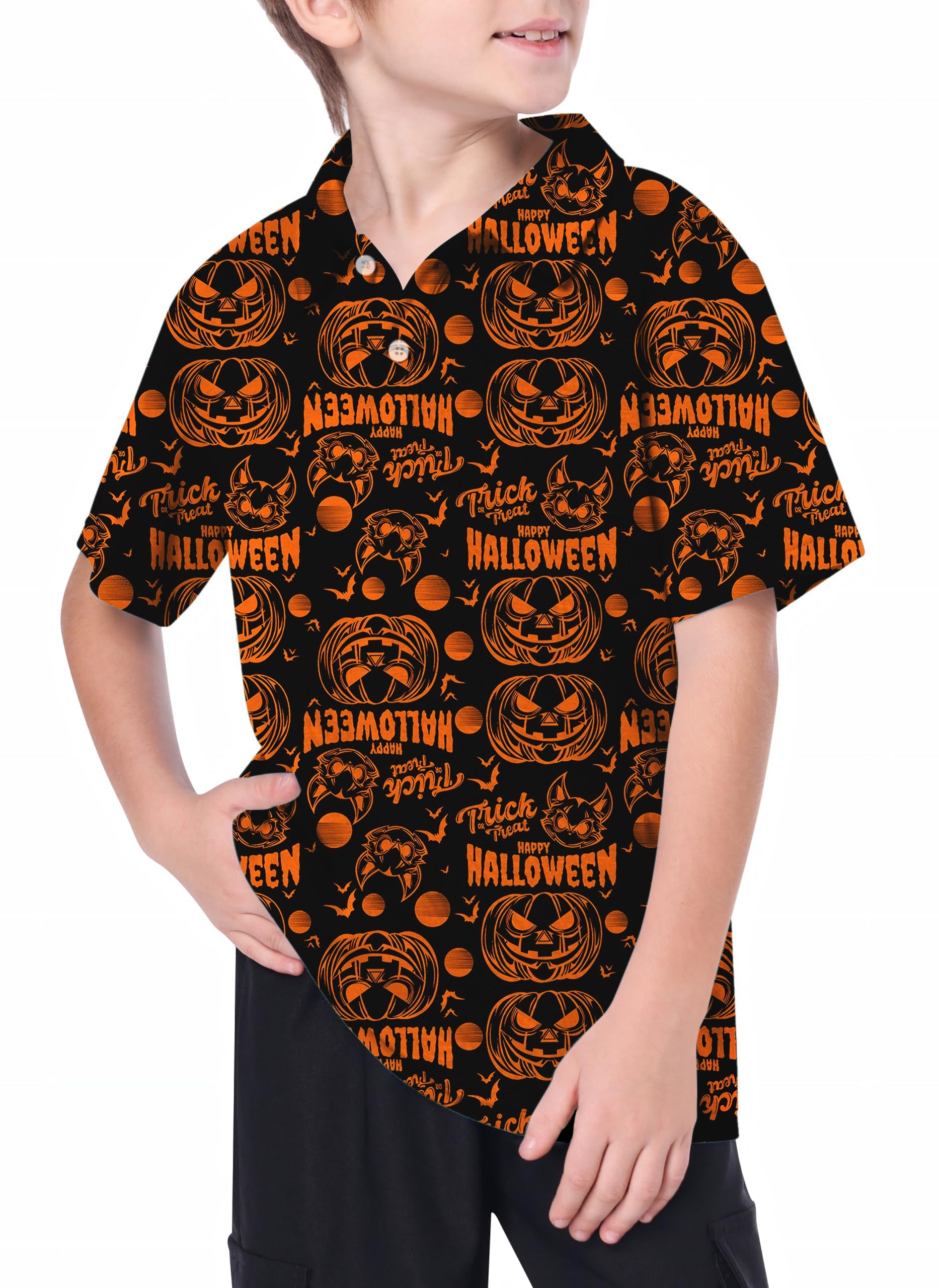Youth Golf Polo with Halloween pumpkin design for kids, moisture-wicking and wrinkle-resistant golf shirt