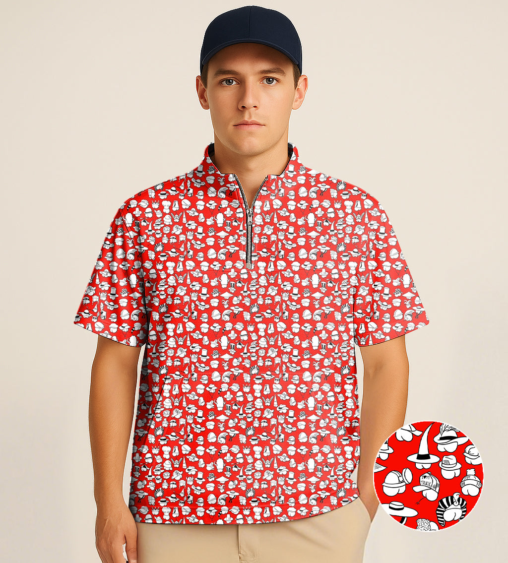 Men's Short Sleeve Quarter Zip Golf Pullover Red Versatile Hips Designer style Embroidery