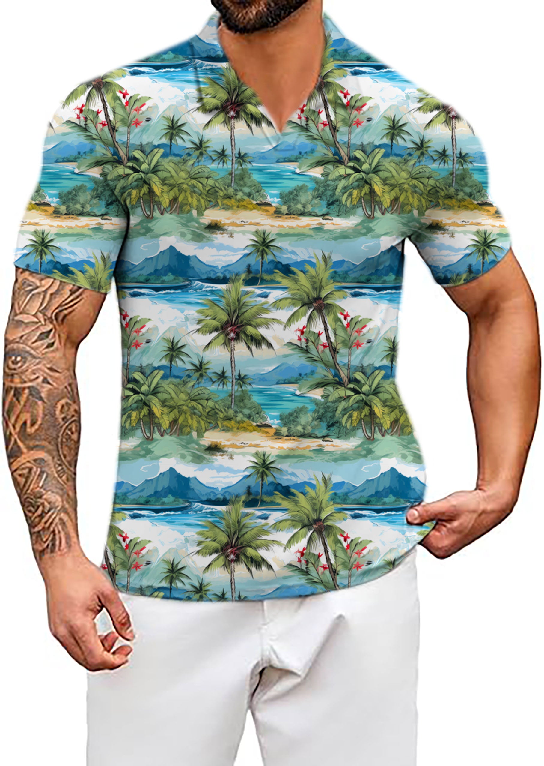 Men's Hawaii palm tree V Neck Golf Polo Shirts