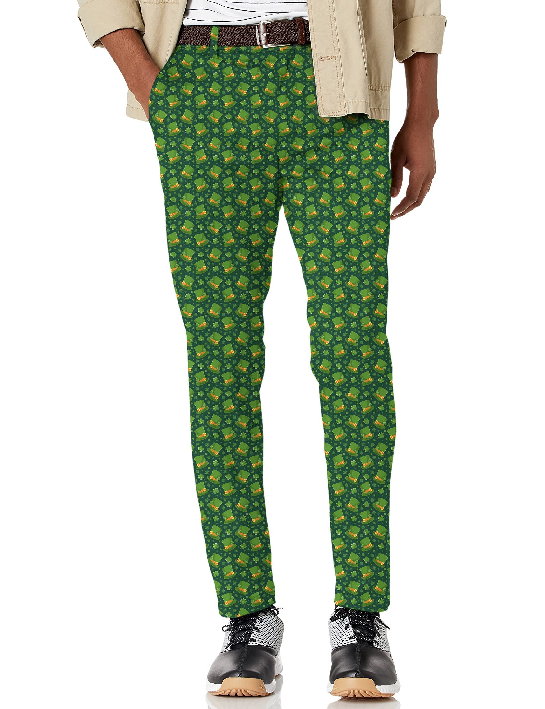 Men's green St. Patrick's Day golf pants with leprechaun hat and clover leaf pattern, moisture-wicking stretch fabric.