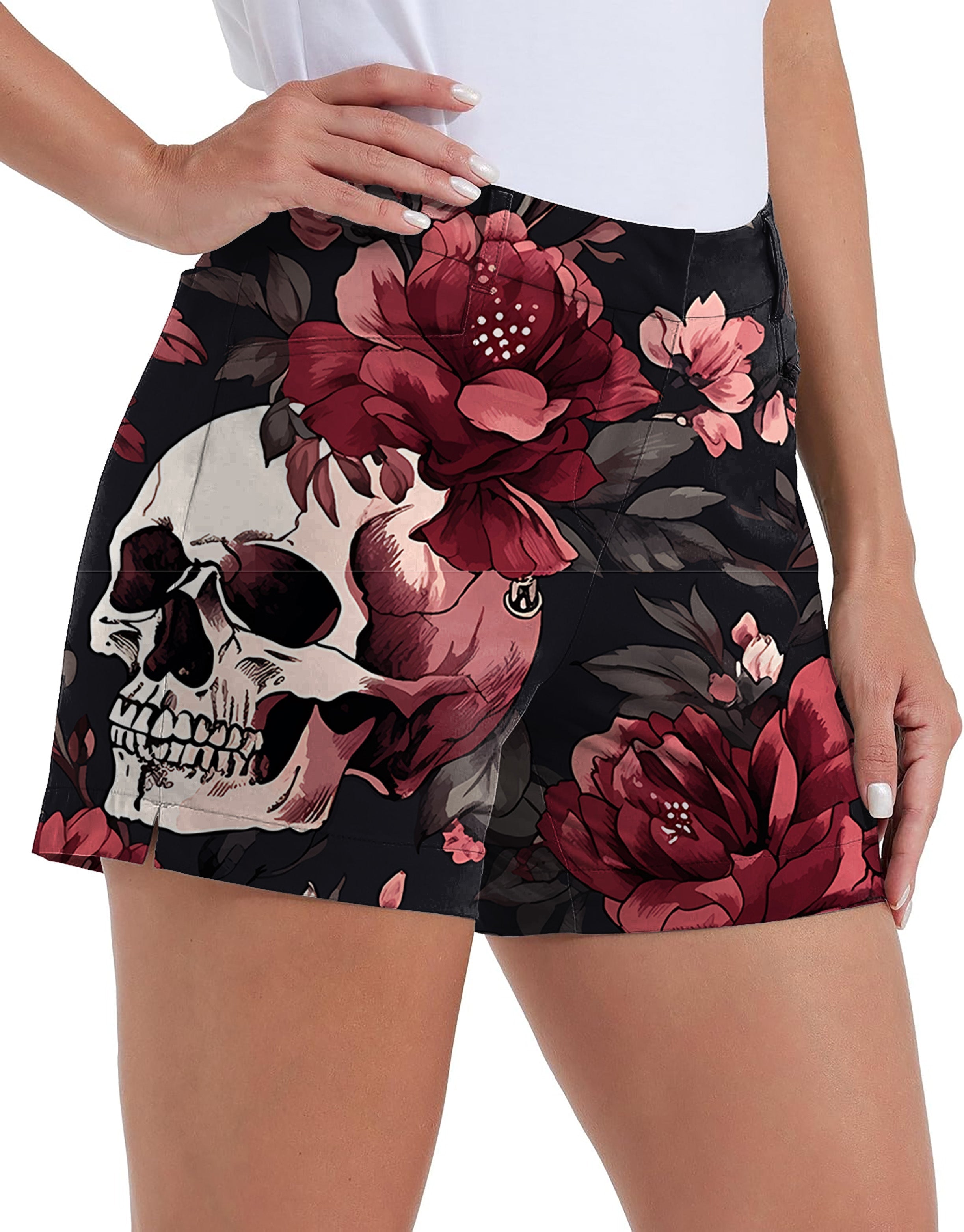 Women's quick-drying Halloween floral skull golf shorts with pockets and waterproof fabric