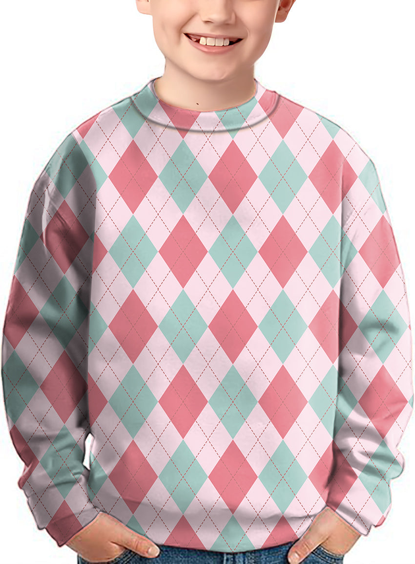 kids pink Argyle crewneck pullover sweater with pastel diamond pattern