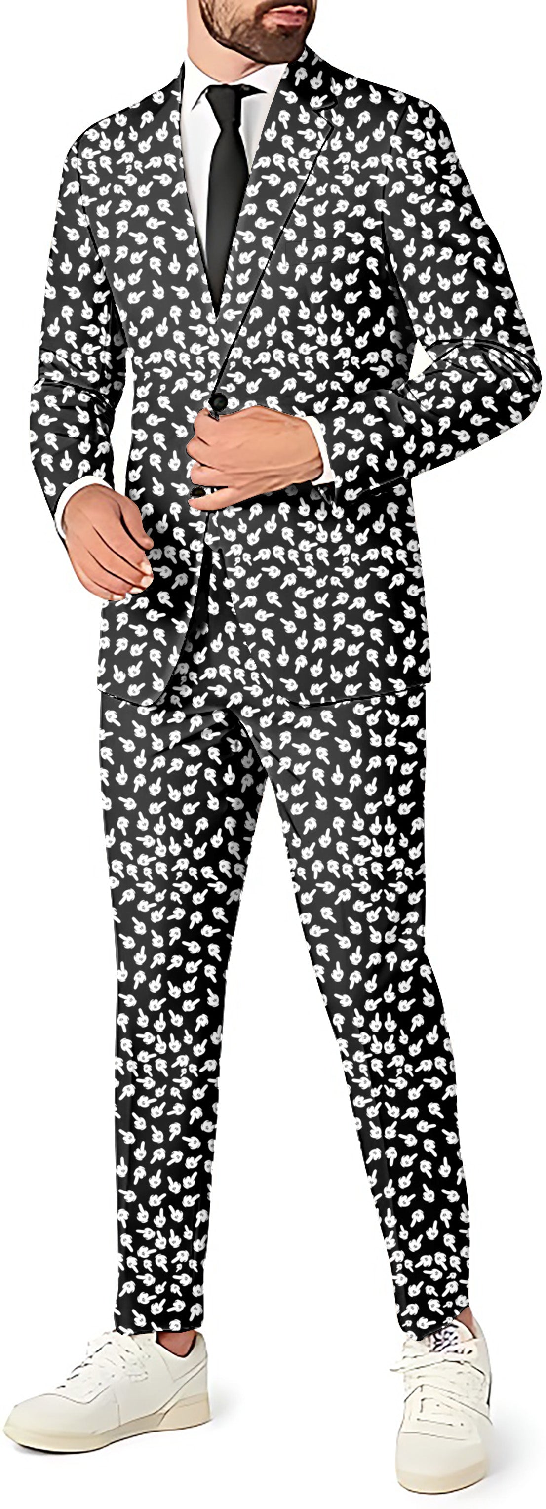Middle Finger Men's party suit set with blazer, pants, and vest in black and white pattern