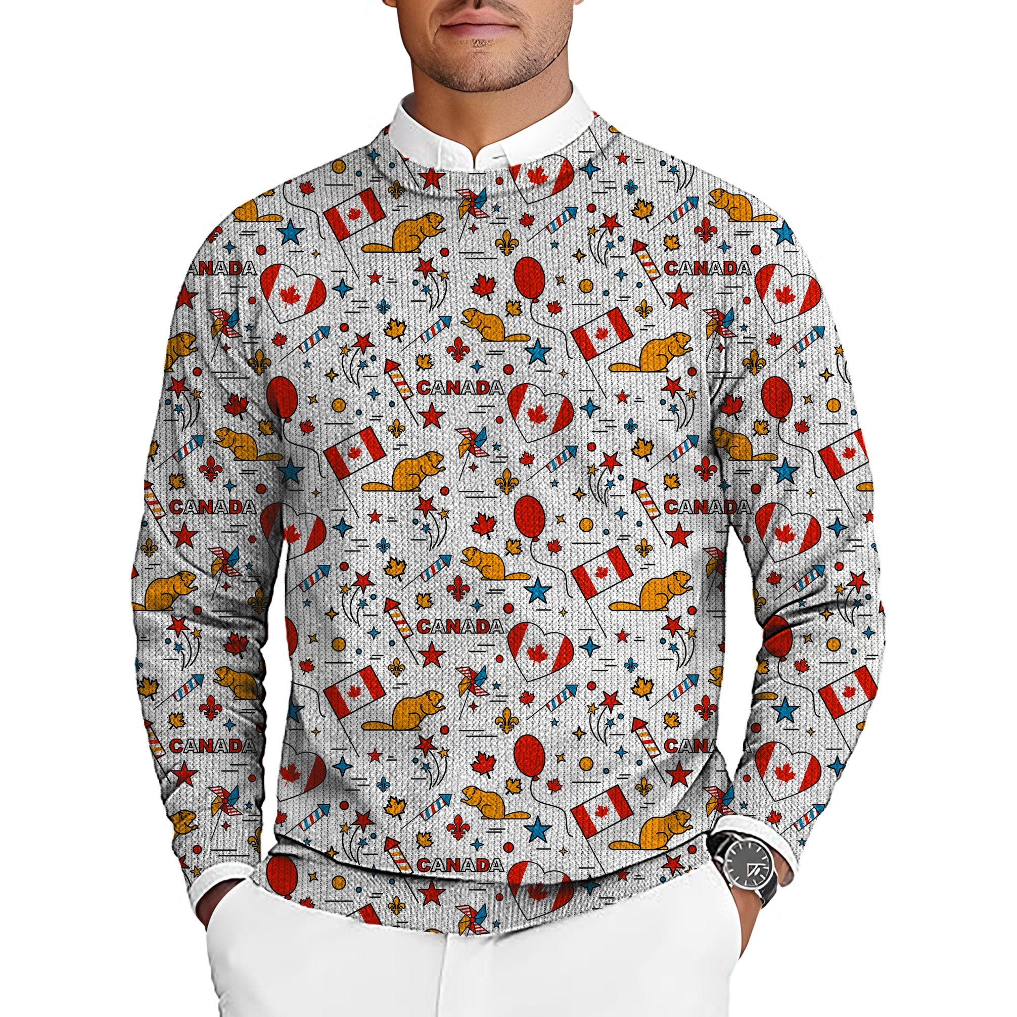 Canadian Balloon Squirrel men's golf crewneck pullover sweater with Canadian flags, squirrels, balloons, and stars pattern