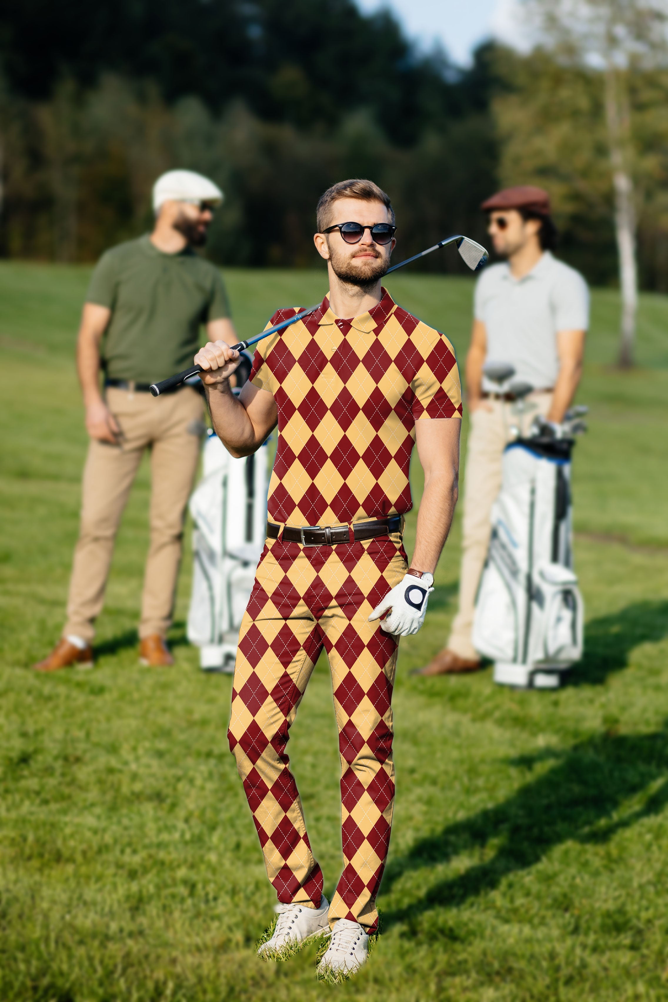 Men's Golf Set yellow red argyle polo and pants on golf course with club