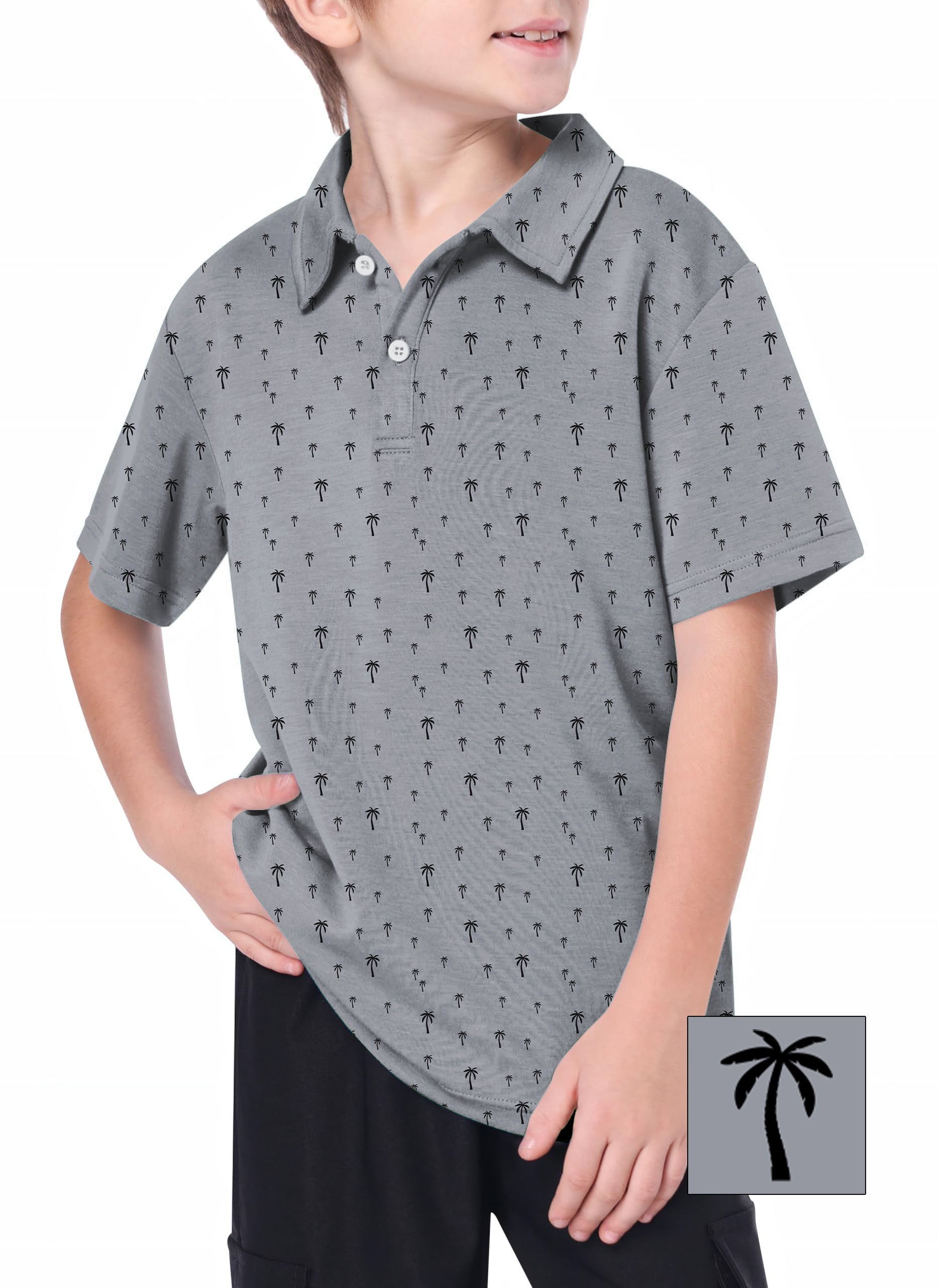 Youth golf polo with coconut palm print, gray background, moisture-wicking and wrinkle-resistant fabric.