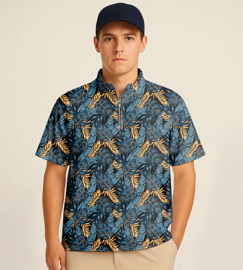 Men's half zipper turtleneck golf shirt with blue and gold leaf embroidery