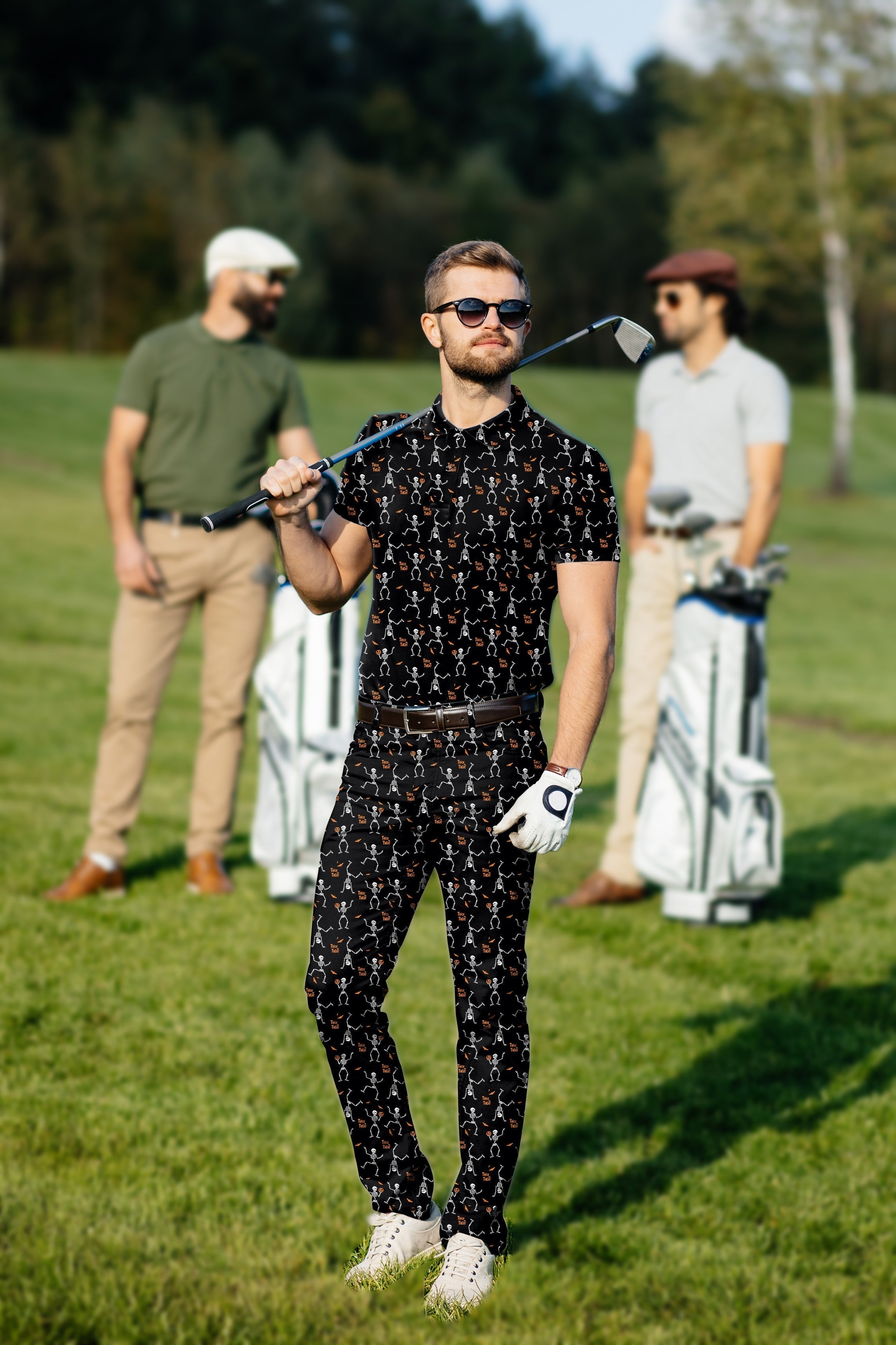 Men's golf set with Halloween dancing skeletons pattern, stretchy, moisture-wicking, wrinkle-resistant polo and pants.