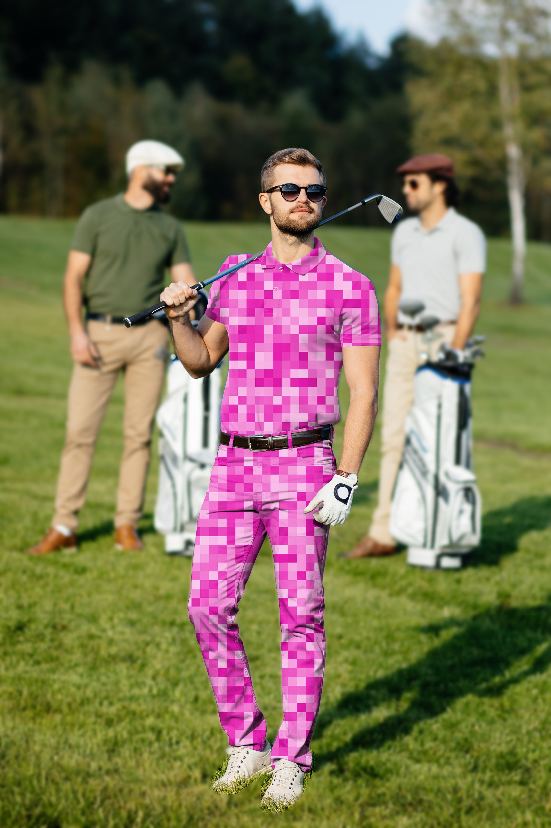 Men's golf set with rose red pixel pattern polo and pants on golfer on course