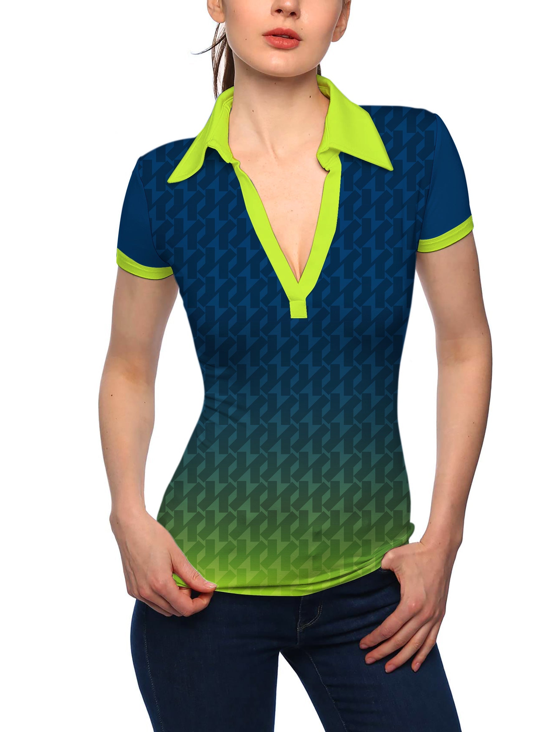 Women's green gradient V-neck golf polo with stand collar and short sleeves