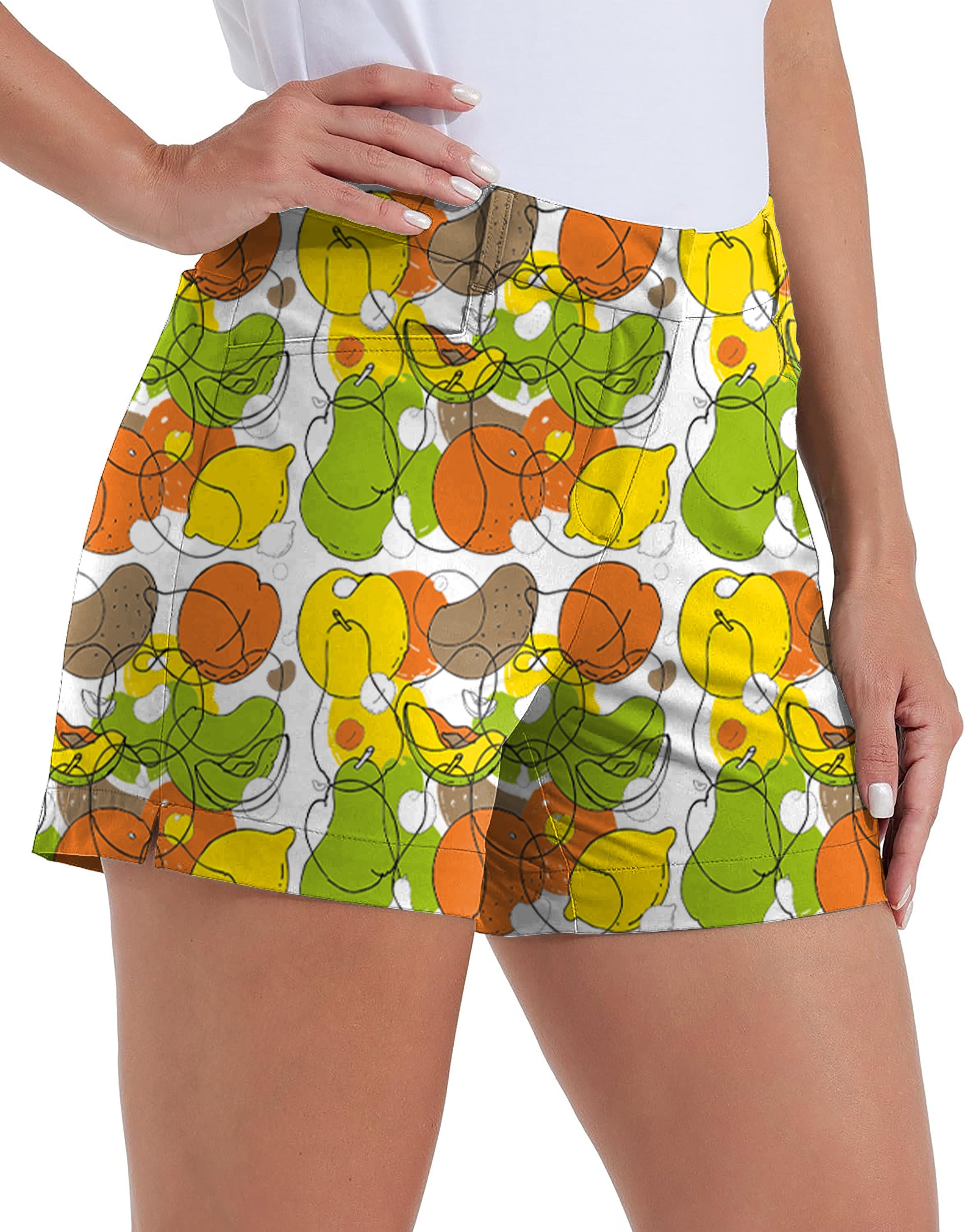 woman wearing colorful fruit pattern quick-drying outdoor golf shorts with pockets