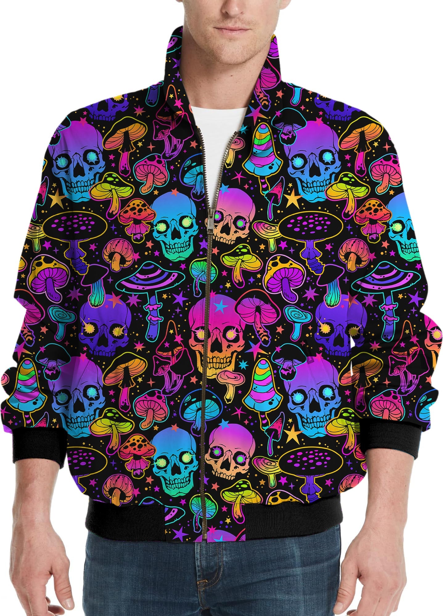 neon skull men’s golf windbreaker jacket with colorful skull and mushroom pattern