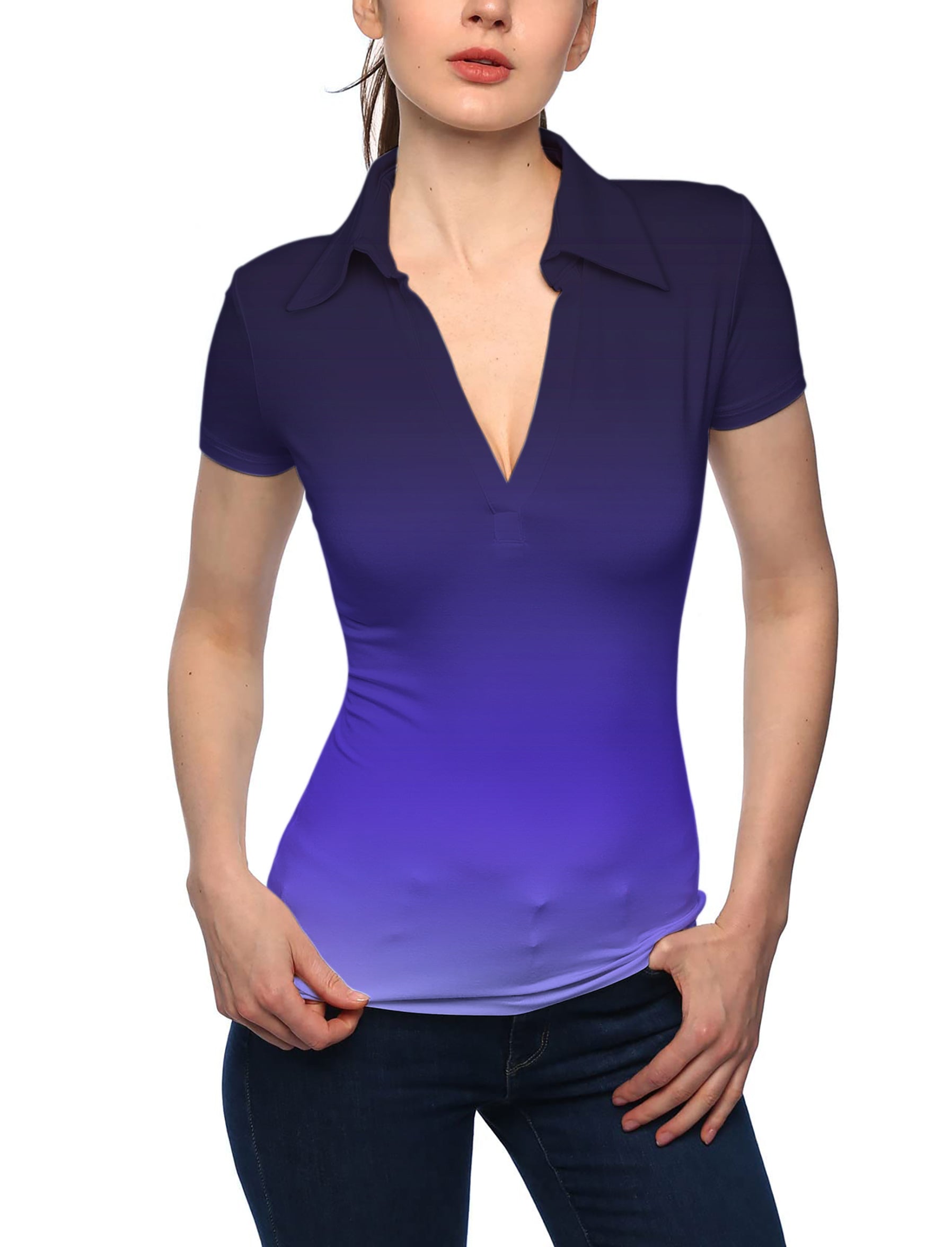 Women's Black Purple Gradient V Neck Golf Polo