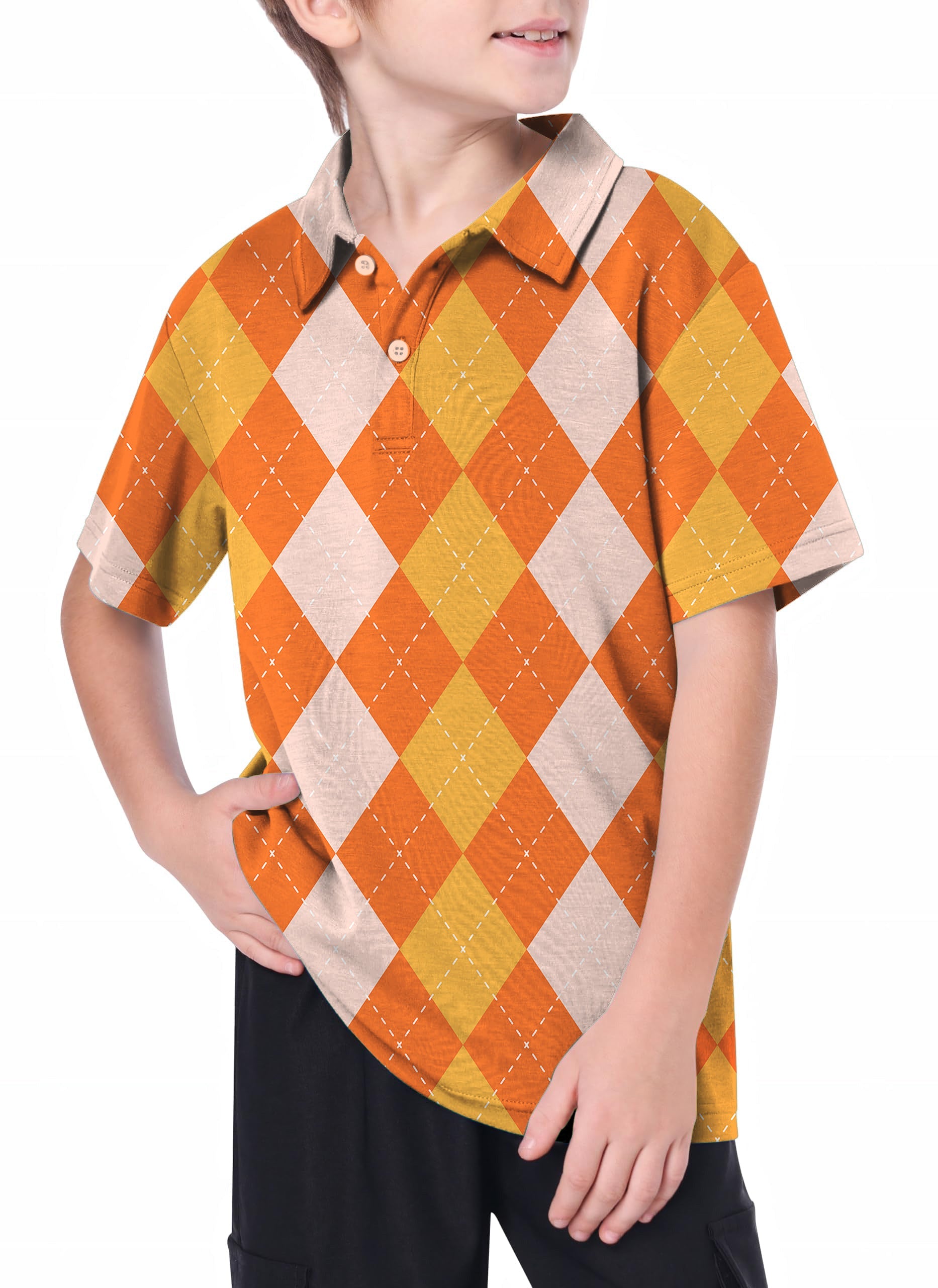 Youth Halloween Orange Apricot Argyle golf polo shirt for youth with 4-way stretch and moisture-wicking fabric