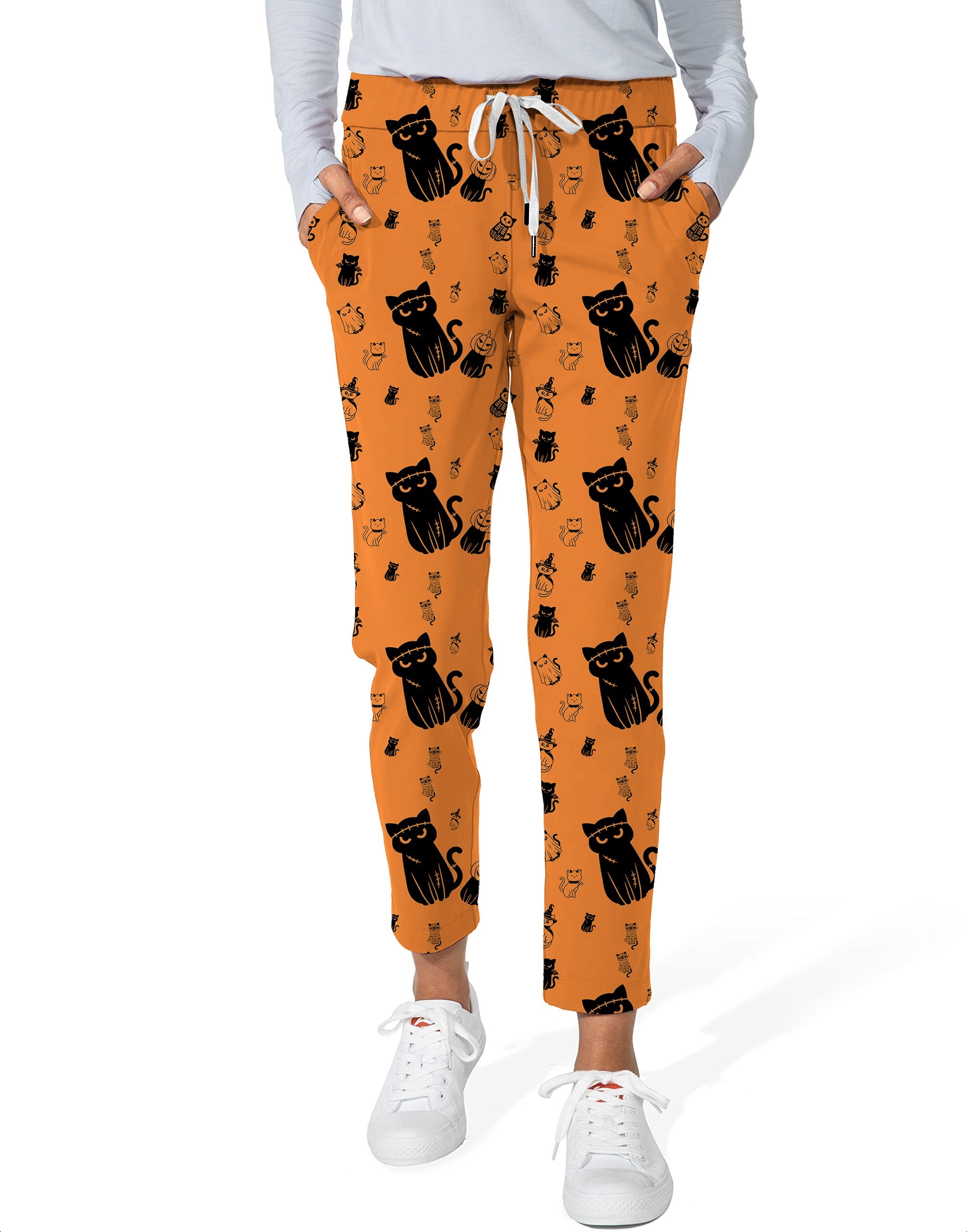 Women's Halloween cute cat themed orange stretch ankle golf pants with black cat print