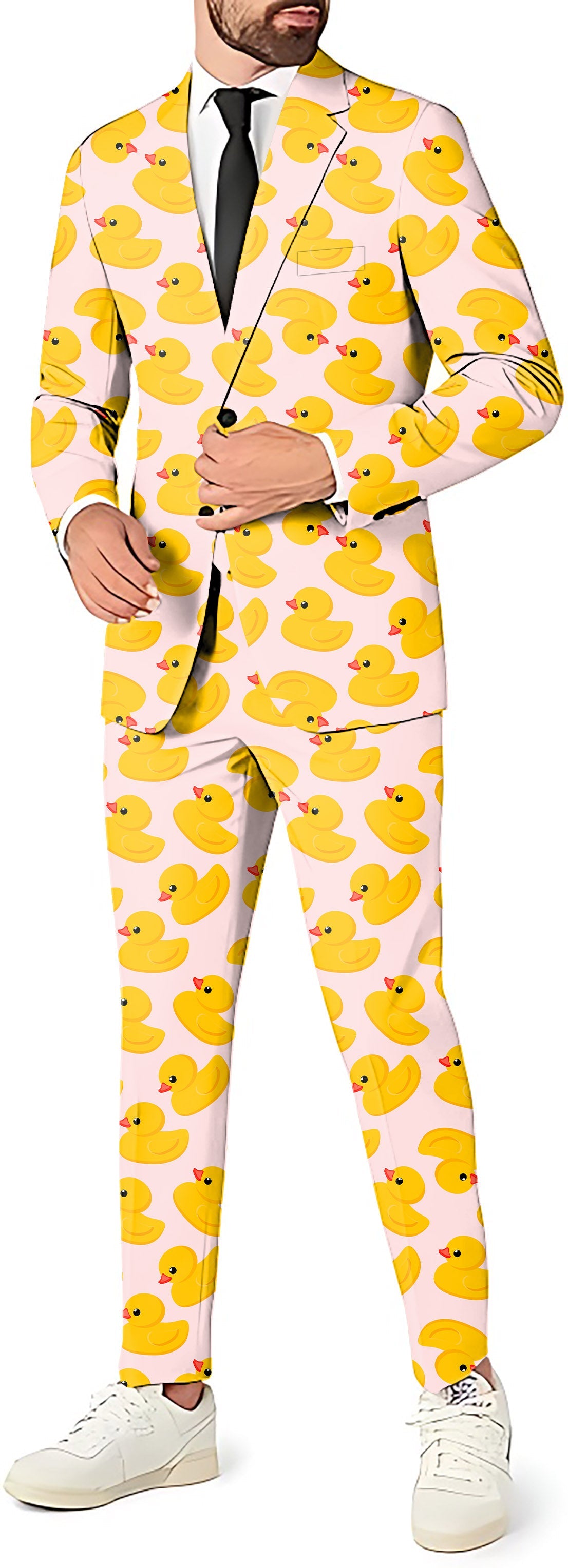Men's party suit with yellow duck pattern blazer, pants, and vest set