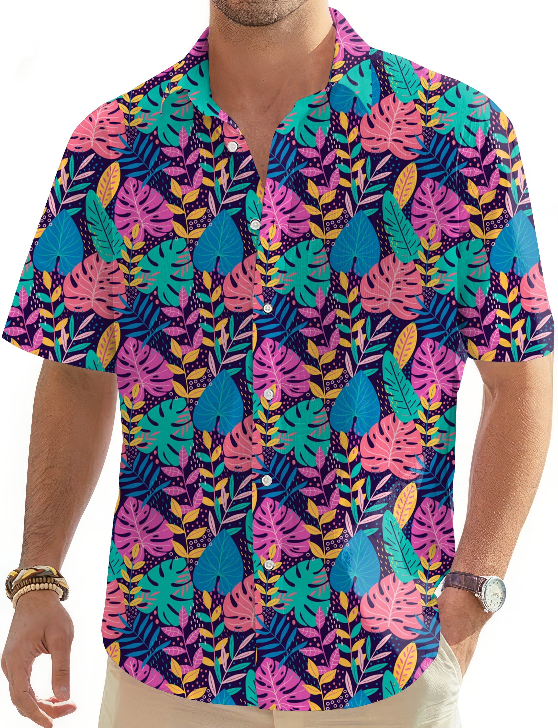 Men's tropical palm leaf Hawaiian golf shirt with button-down collar and vibrant multicolor print