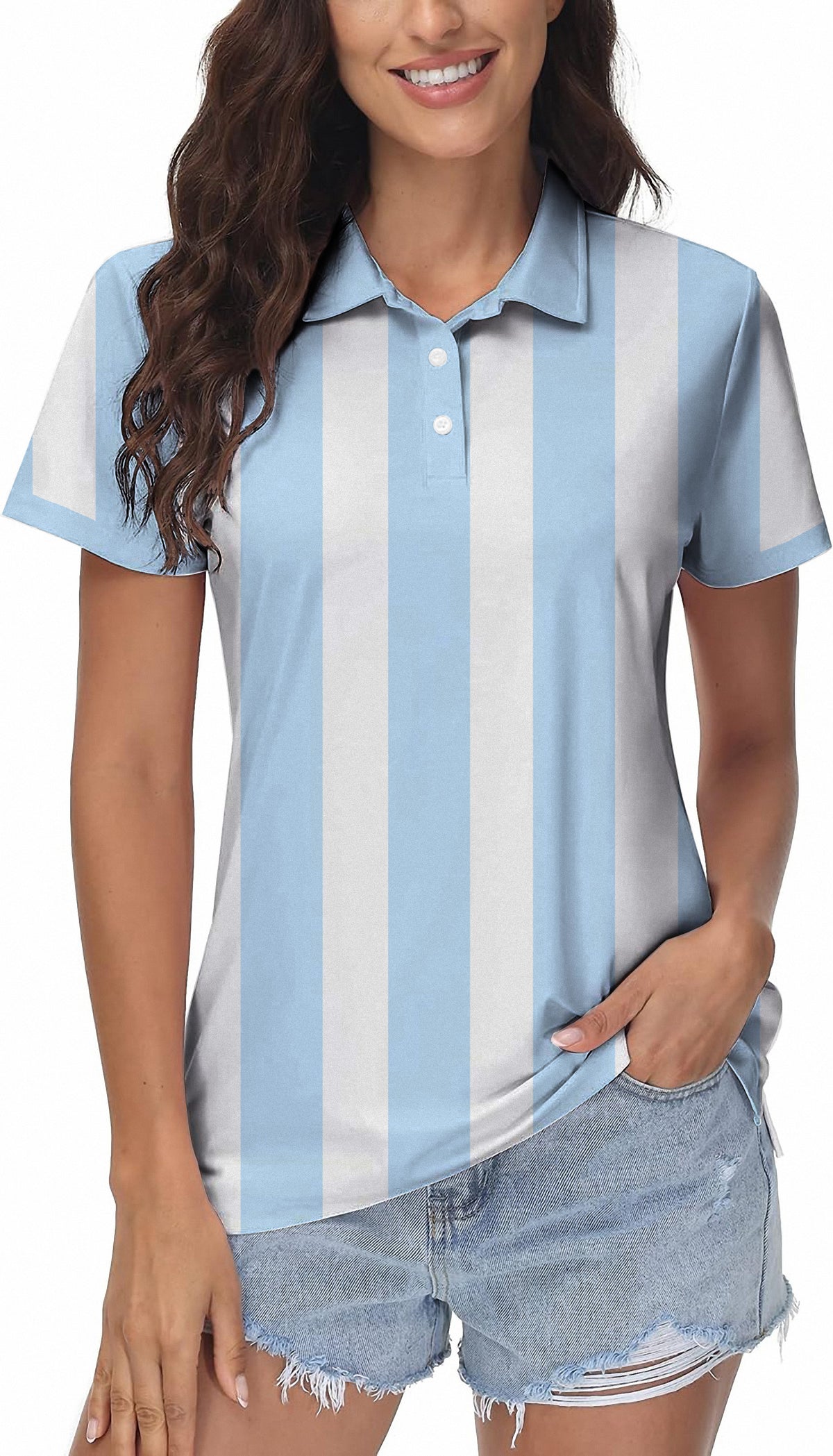 Blue and white vertical stripes Women's Golf Polo