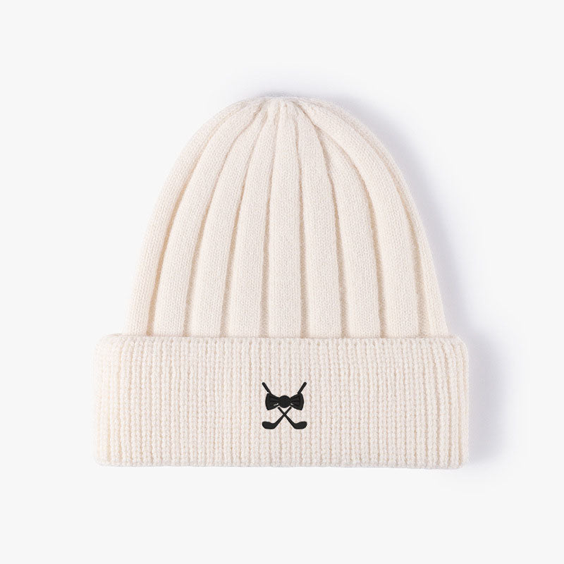 Custom embroidered ivory knitted winter hat with golf design and adjustable fit