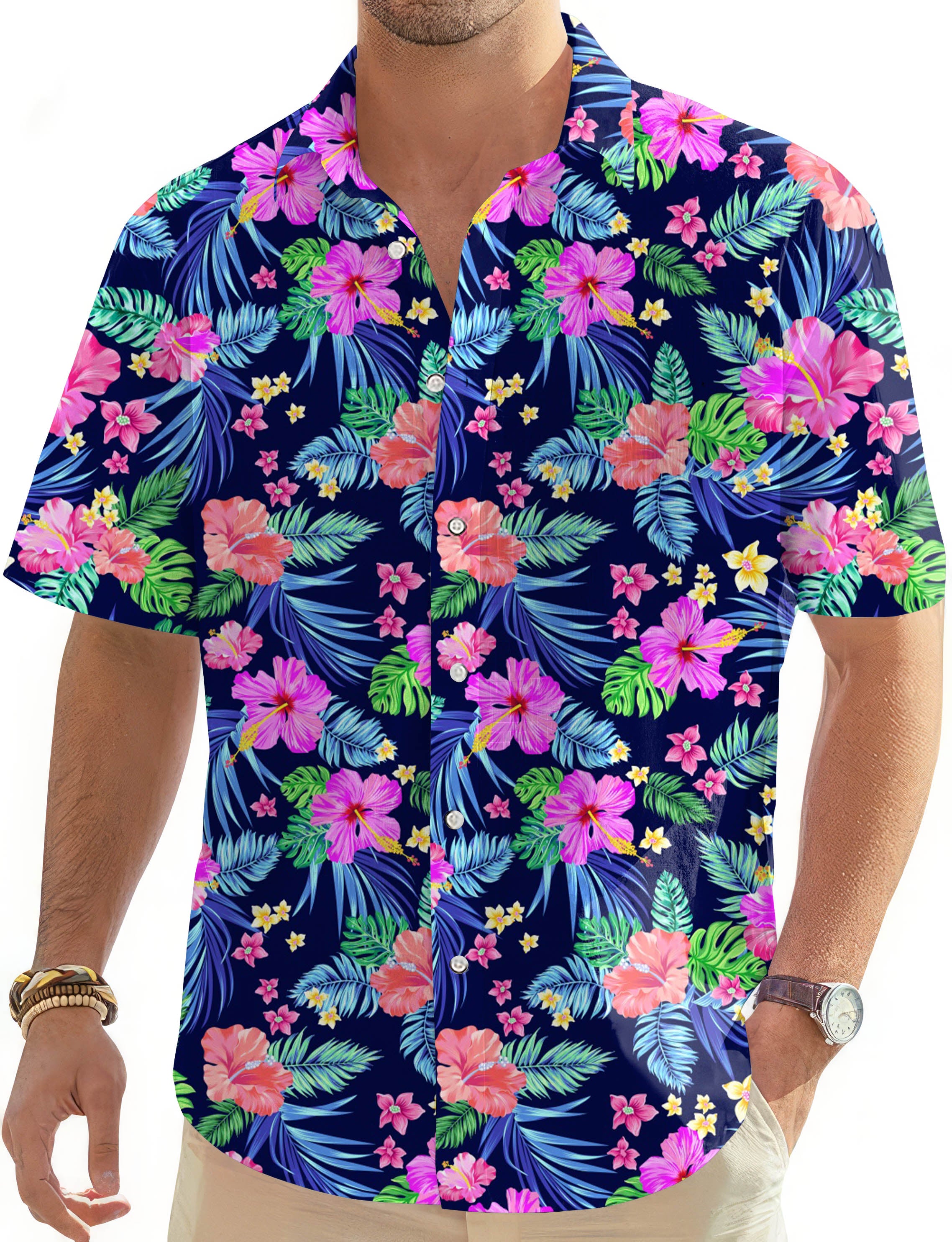 Tropical flowers-Men's Golf Hawaiian Shirts Button Down Shirt