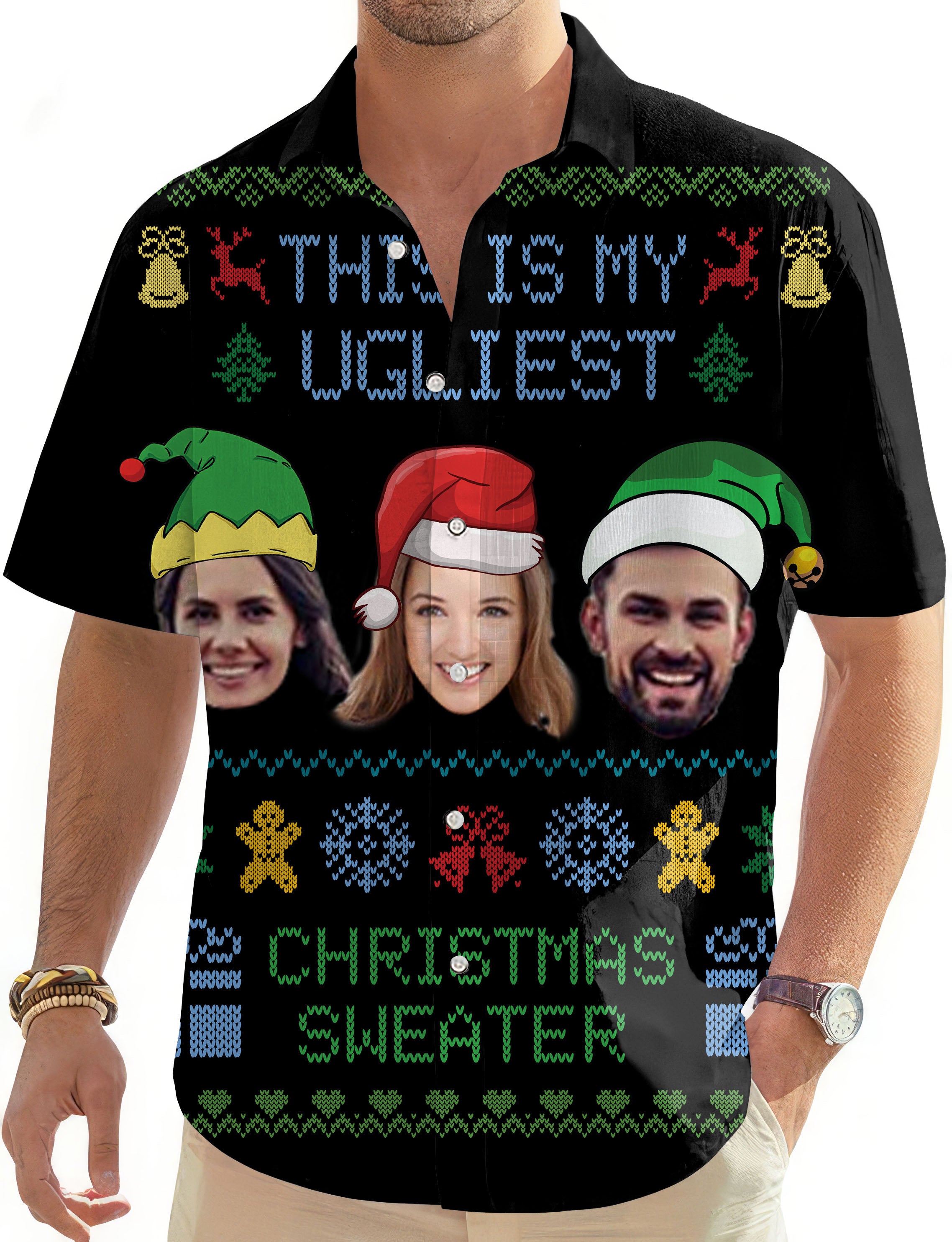 Black-Christmas Custom face Men's Golf Hawaiian Shirts Button Down Shirt