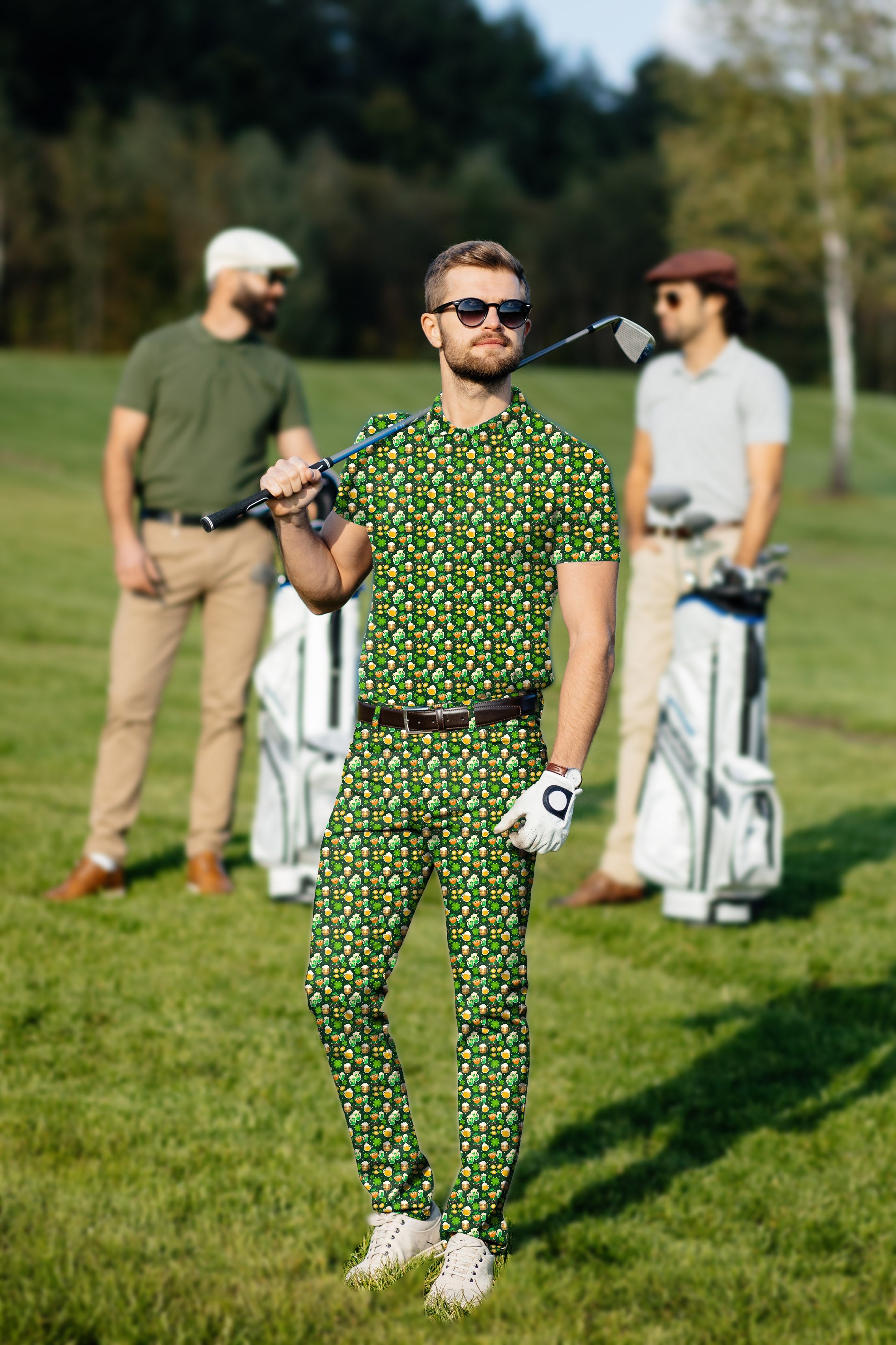 Men's St. Patrick's Day golf set with green beer and clover leaf pattern polo and pants on golf course