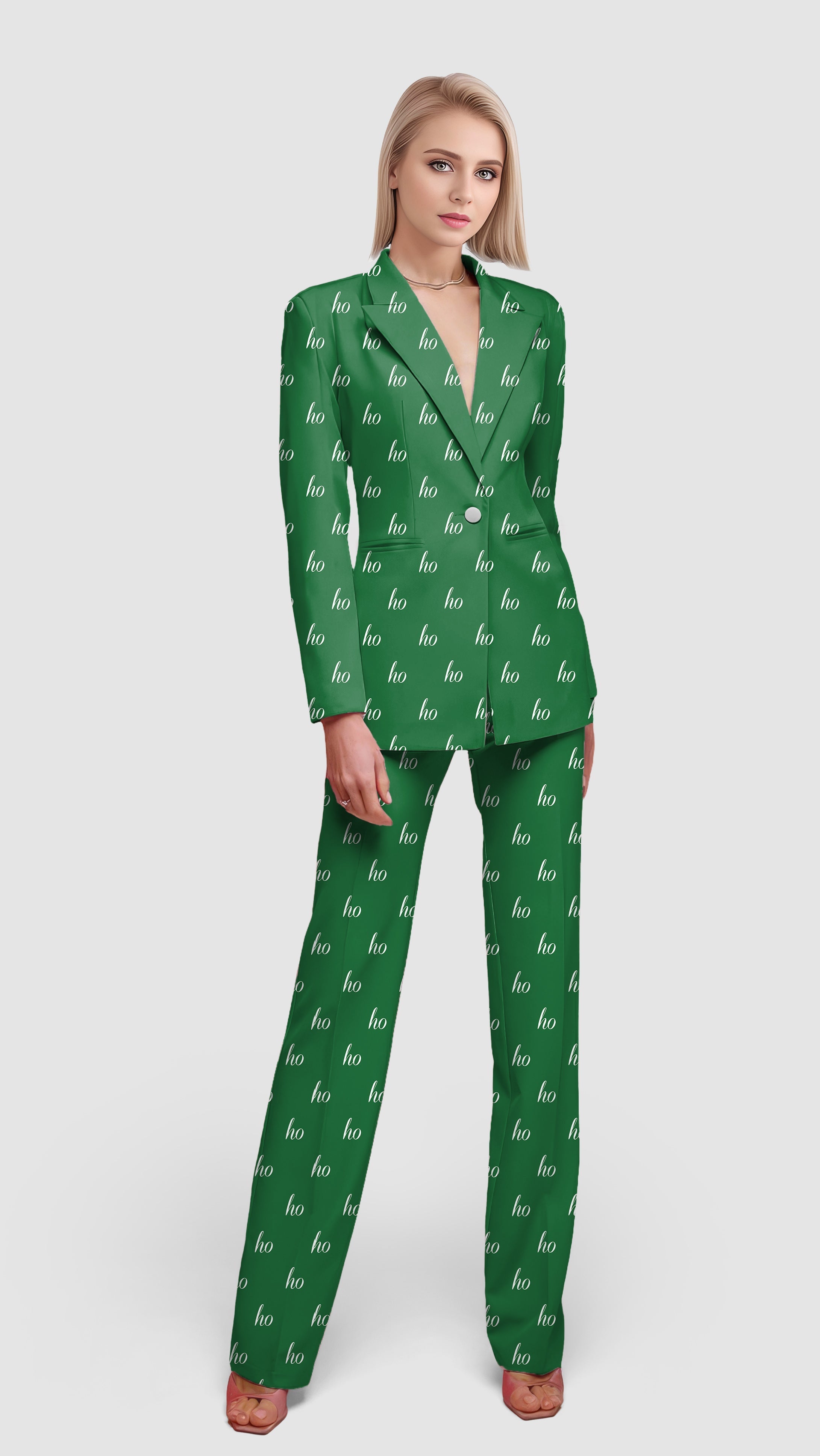 Green custom name women's blazer and pants suit set for office and casual wear