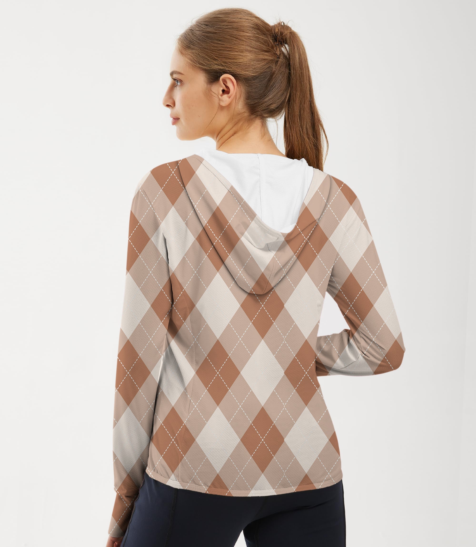 Women's outdoor slim fit brown argyle golf hoodie with UPF 50+ sun protection and thumb holes