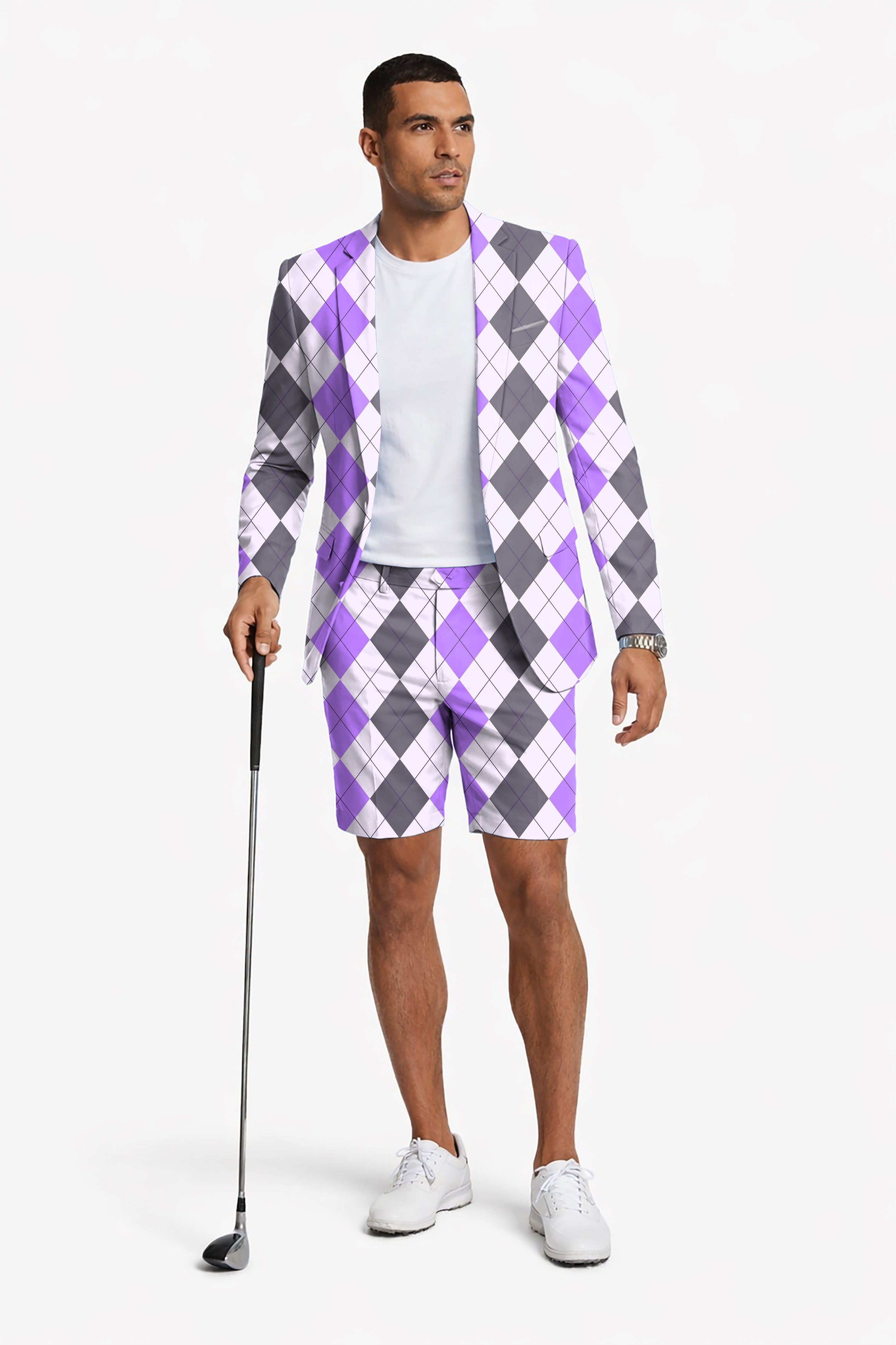 Purple grey Argyle Men's Party Costumes-Theme Party 2pcs Suit set-Blazer Shorts