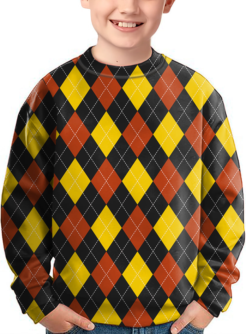 red Argyle Crewneck kids pullover with yellow and black diamond pattern