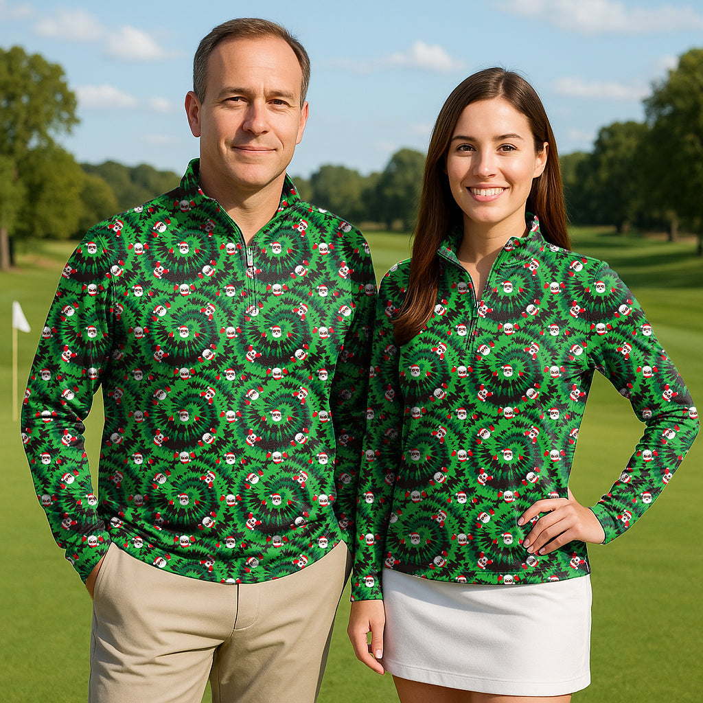 Christmas Santa Couple golf active 3/4 zip long sleeve tops in green with holiday wreath pattern