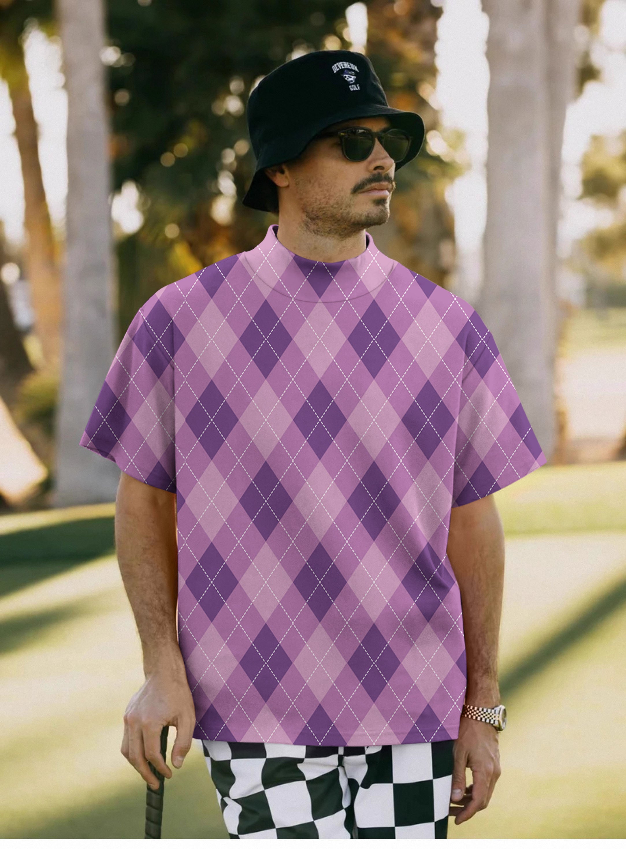 Men's purple Argyle Pullover High neck Long/Short sleeve T-Shirt
