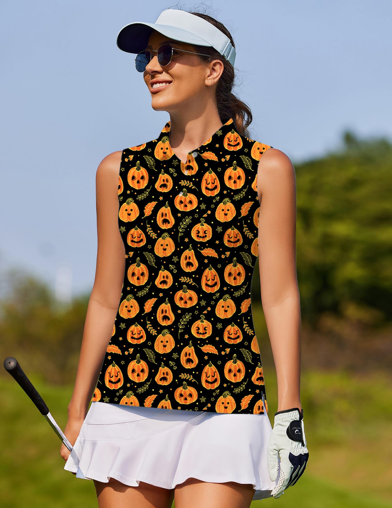 Women's Halloween Kawaii Pumpkin sleeveless golf shirt with pumpkin pattern