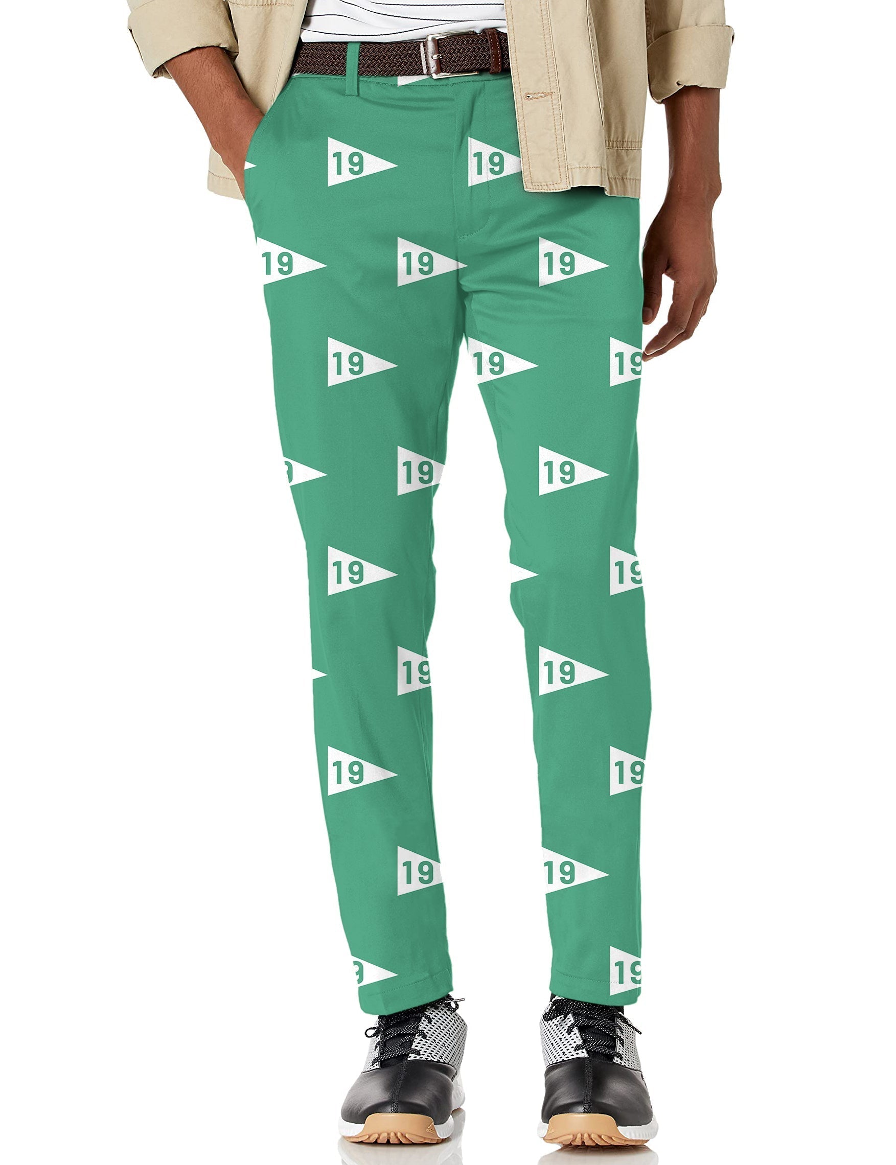 Men's 19th hole-38 stretch golf pants in green with 19 flag pattern, lightweight and moisture-wicking for comfort and performance on the course