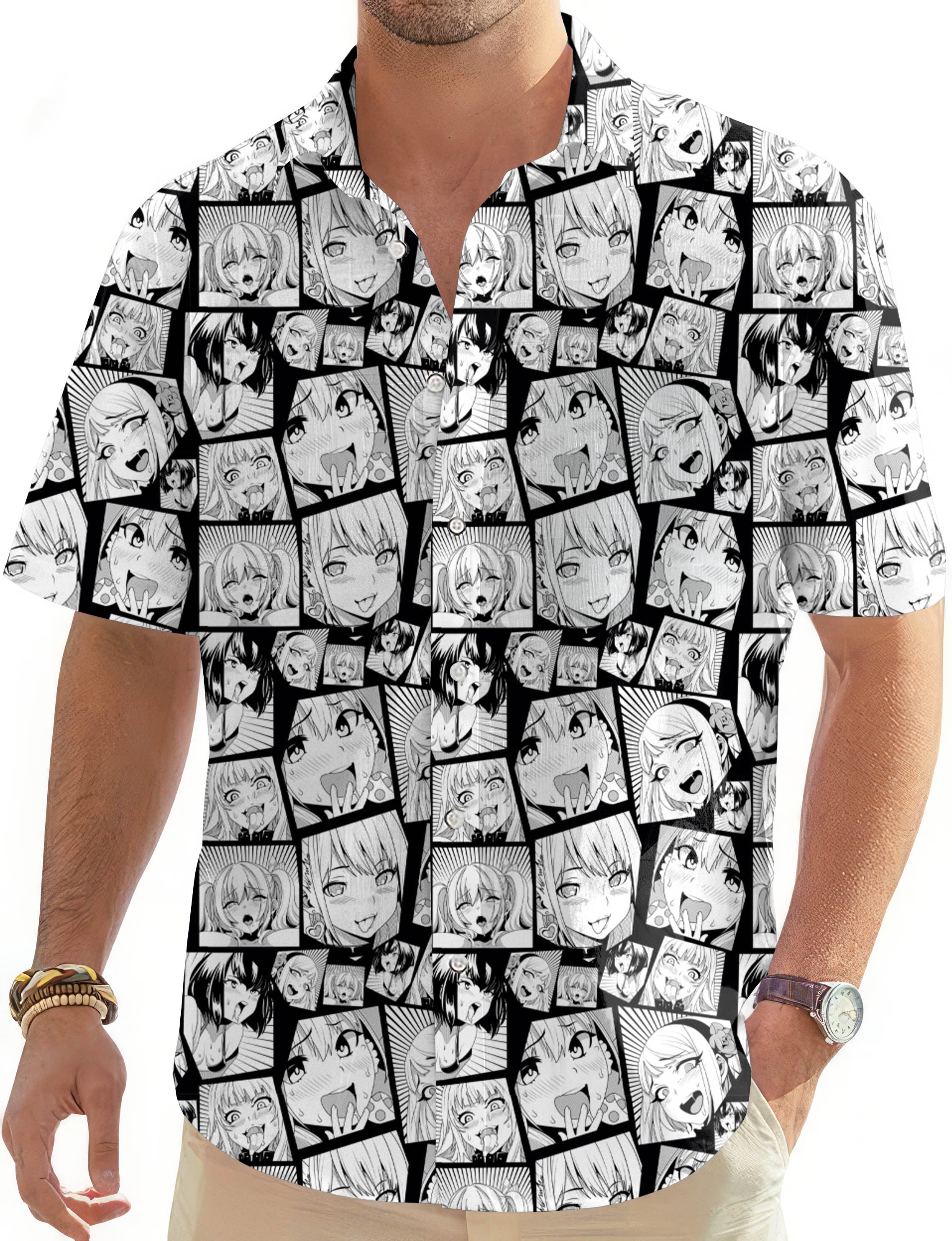 Men's Hawaiian shirt with sexy comic girl black and white print, short sleeve button-down with classic collar and patch pocket