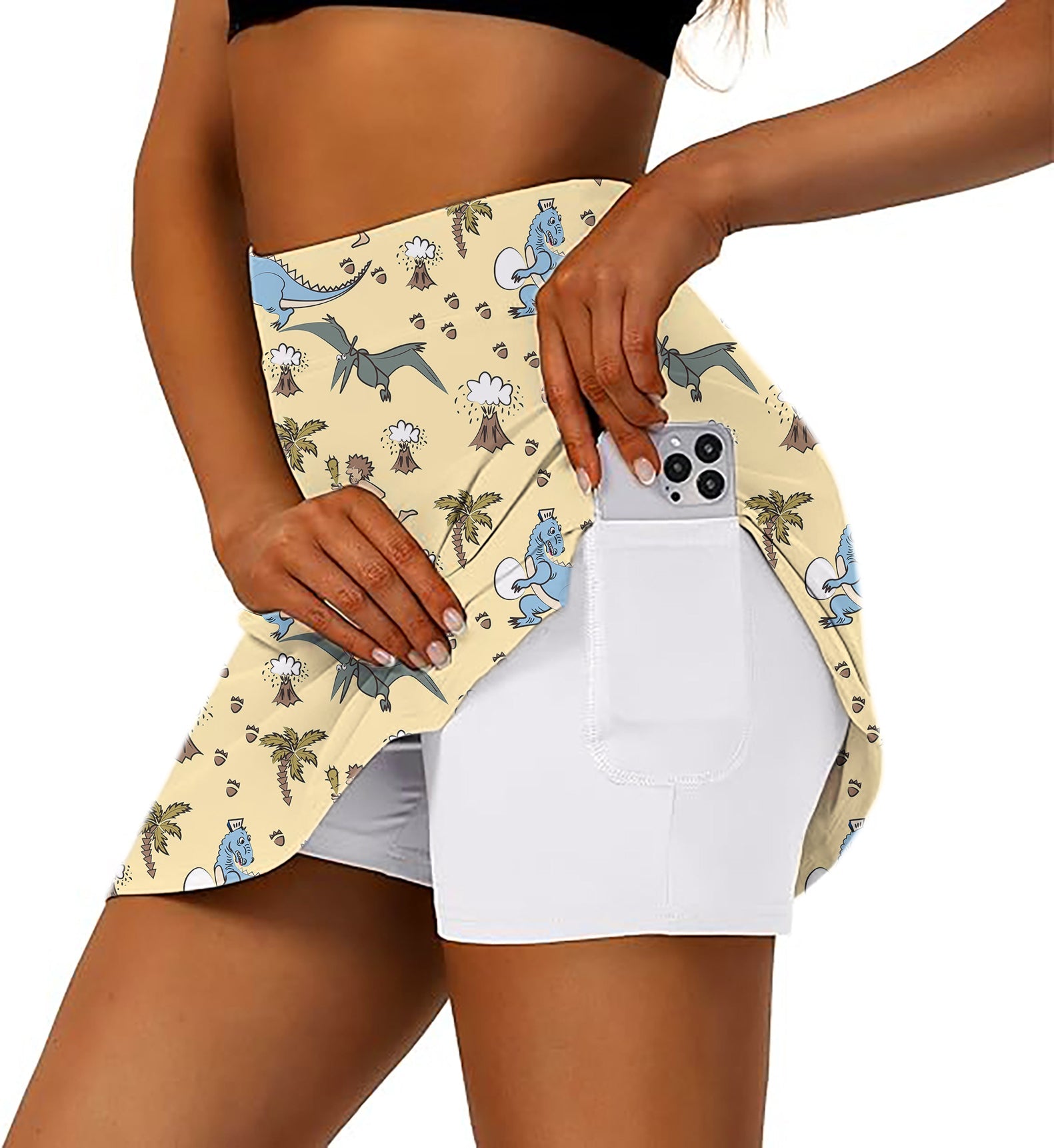 Women's athletic golf skort with dinosaur and volcano print and side pocket for phone