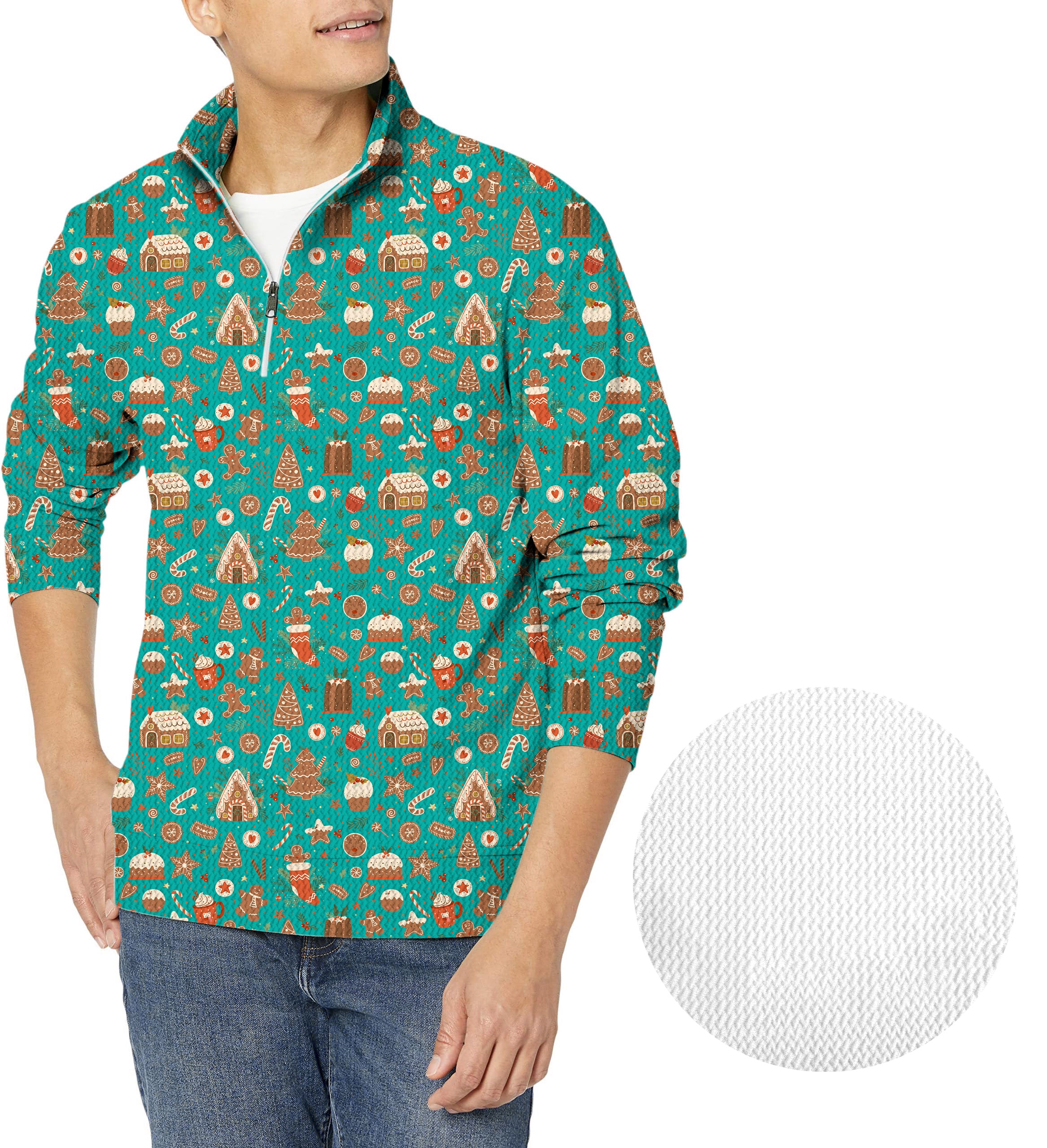 Green Christmas Candy House-Men's Golf Waffle Zipper Pullover