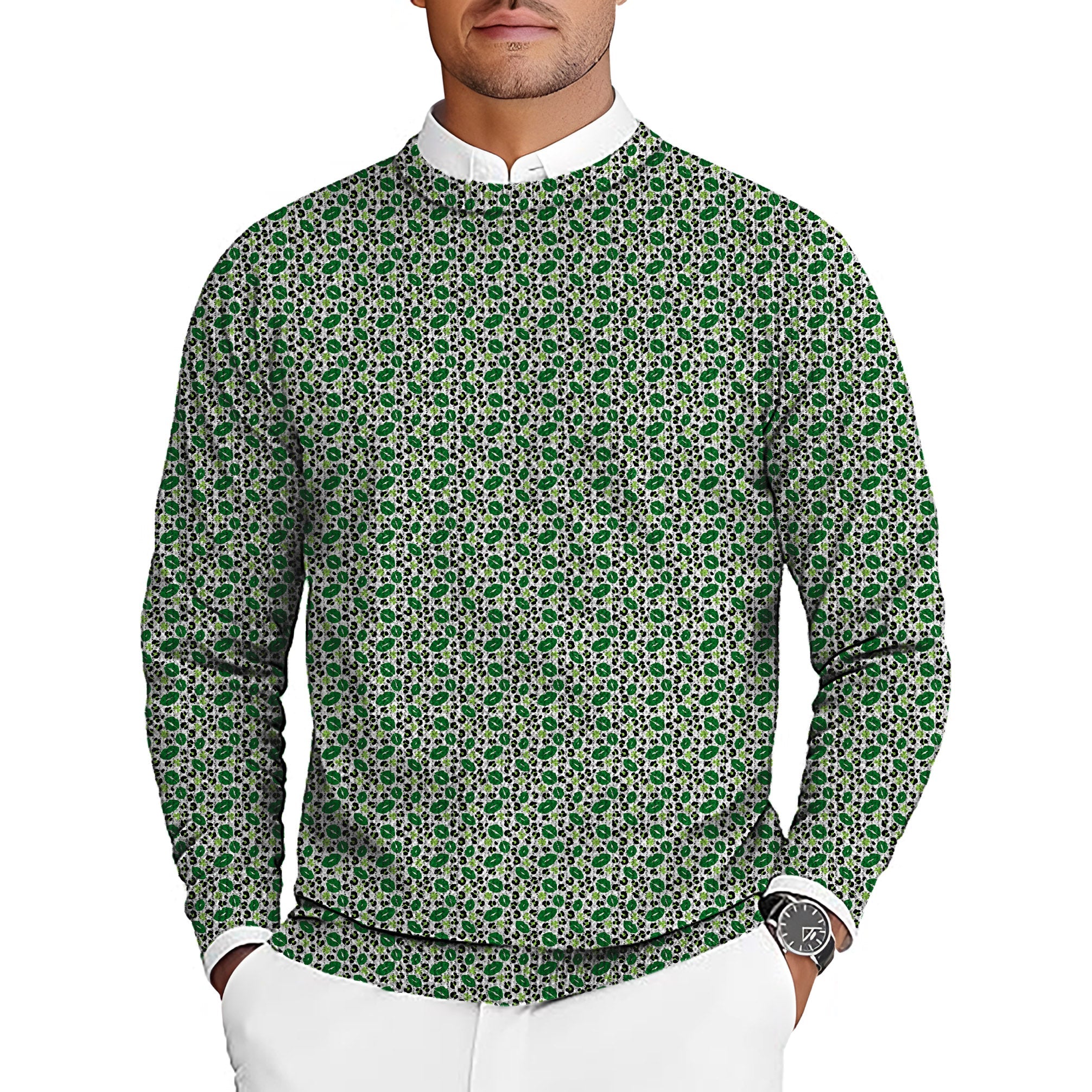 Men's green leopard kiss St. Patrick's Day golf crewneck pullover sweater